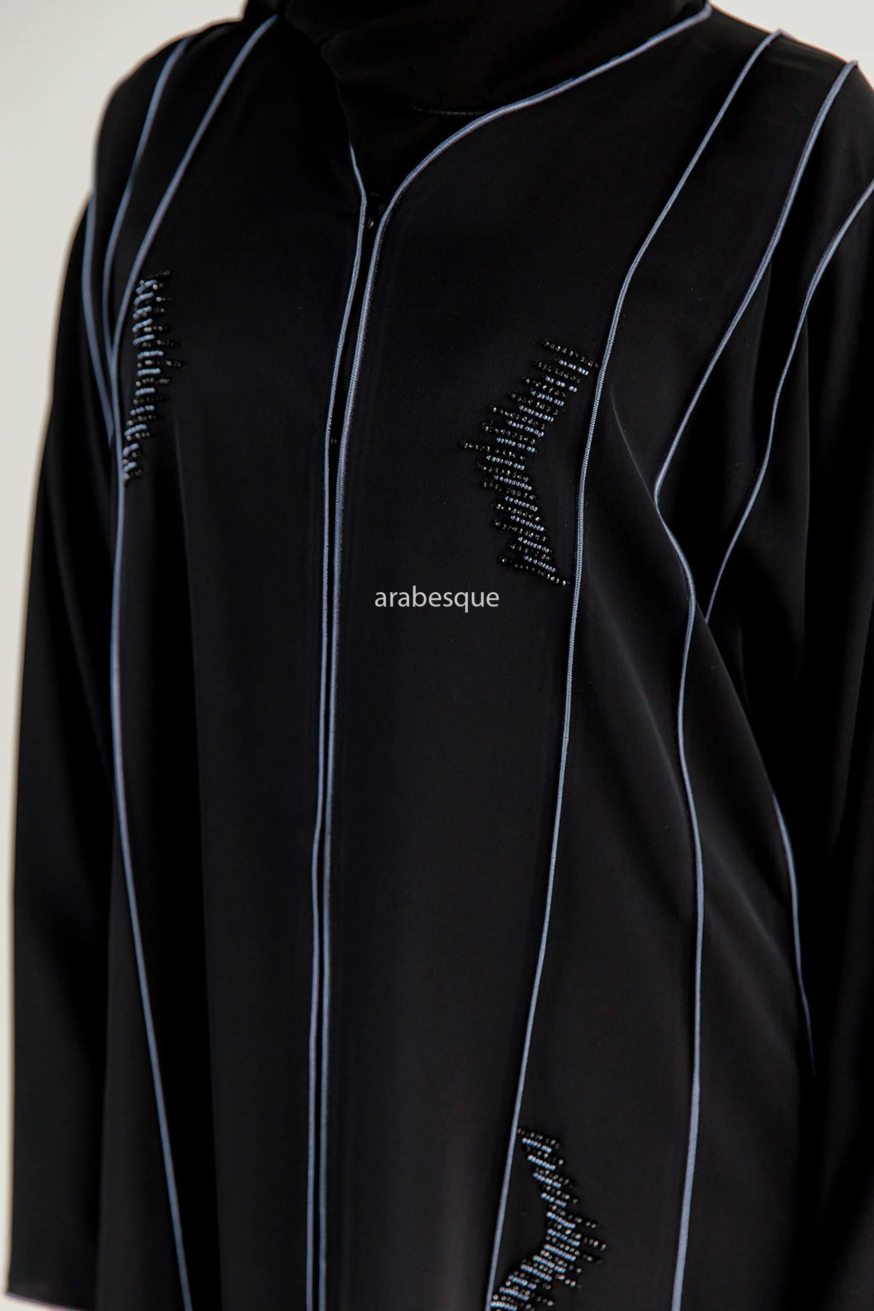 Black Open Abaya – Luxury Blue Beaded Umbrella Design with Striped Detailing - Image 5