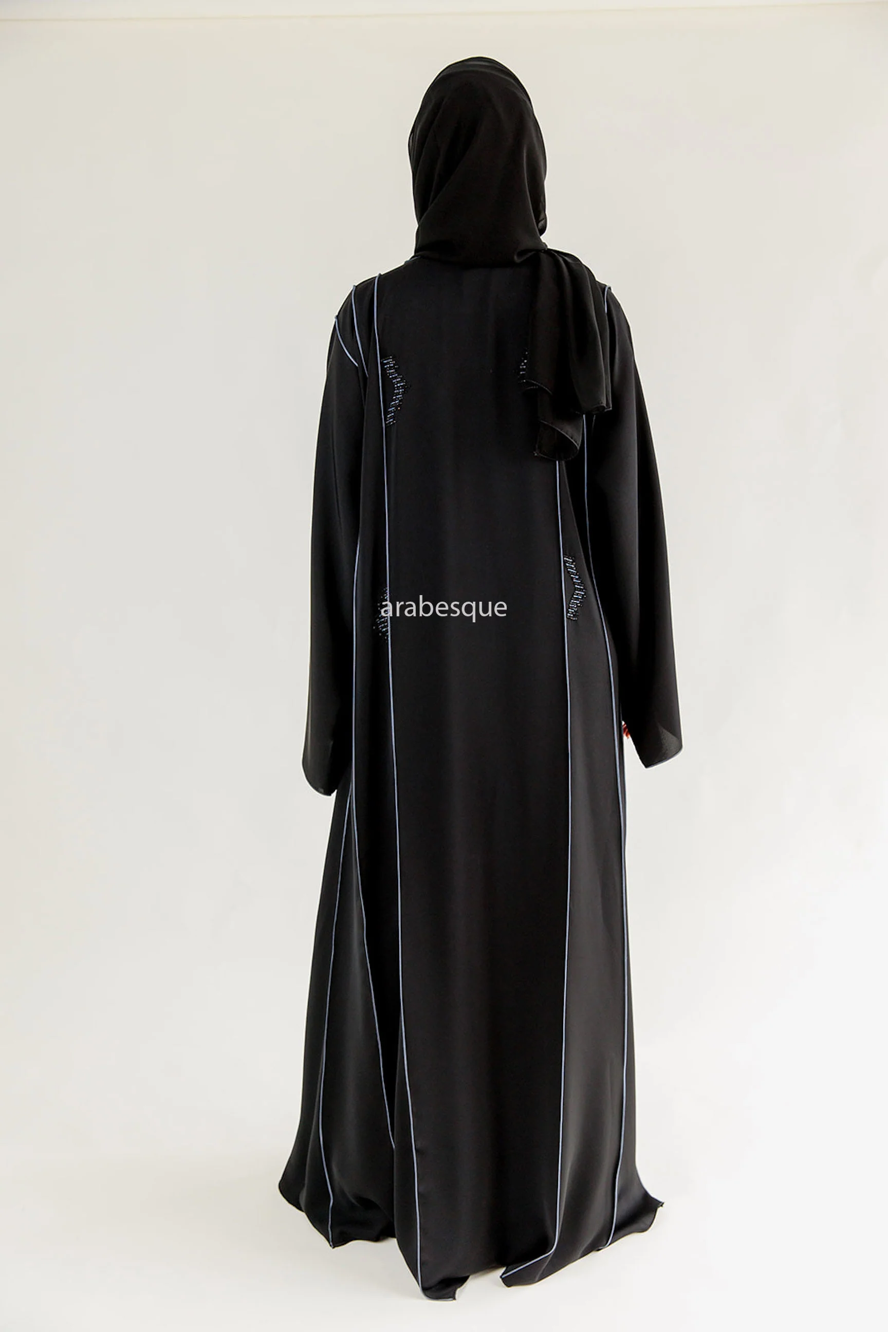 Black Open Abaya – Luxury Blue Beaded Umbrella Design with Striped Detailing - Image 6