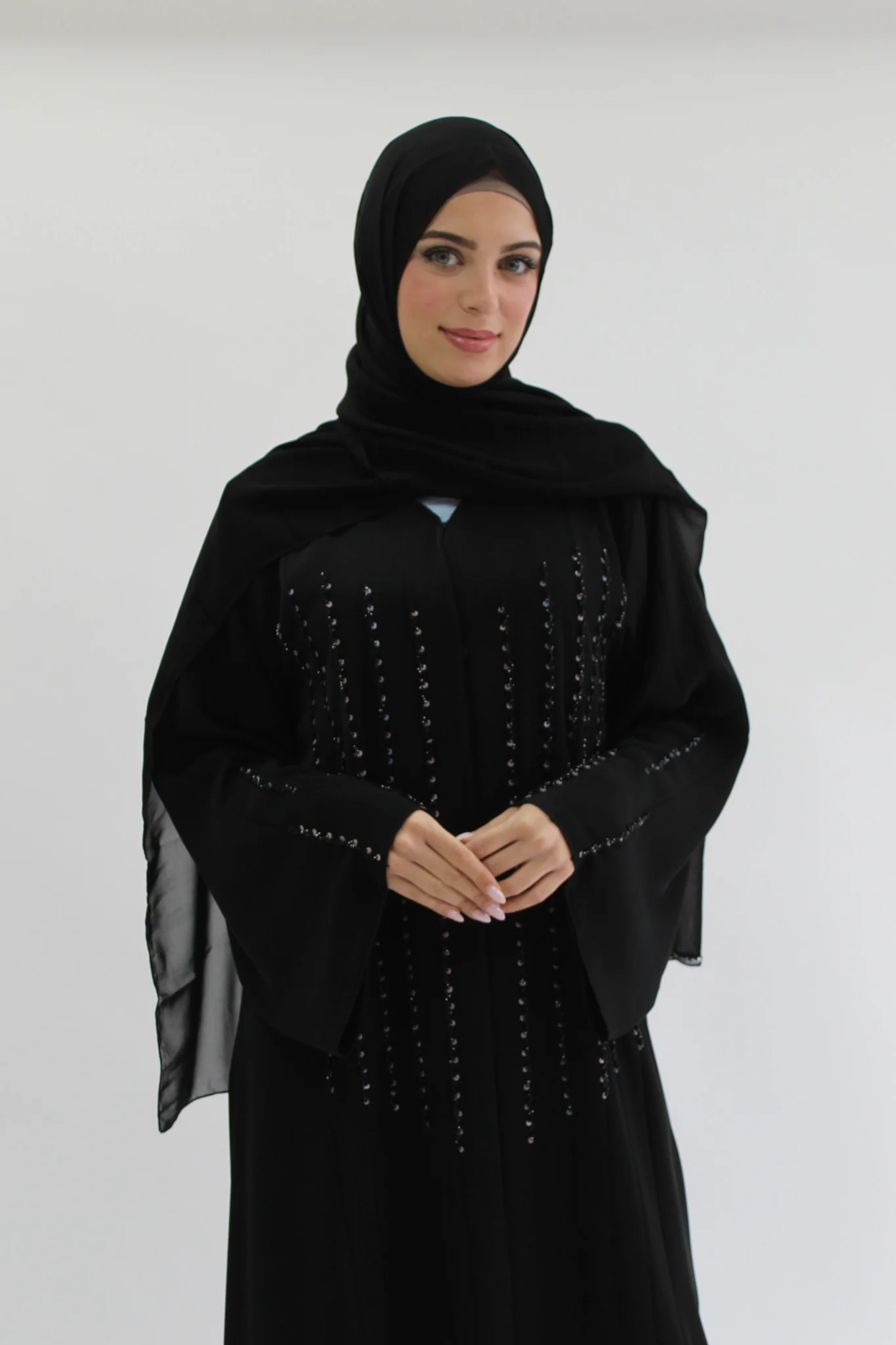 Black Open Abaya – Luxury Crystal Linear Beaded Embellished Design - Image 2