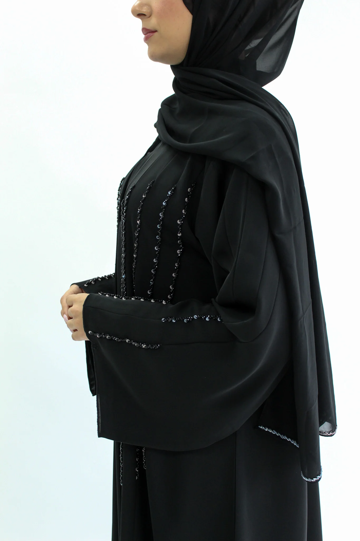 Black Open Abaya – Luxury Crystal Linear Beaded Embellished Design - Image 4
