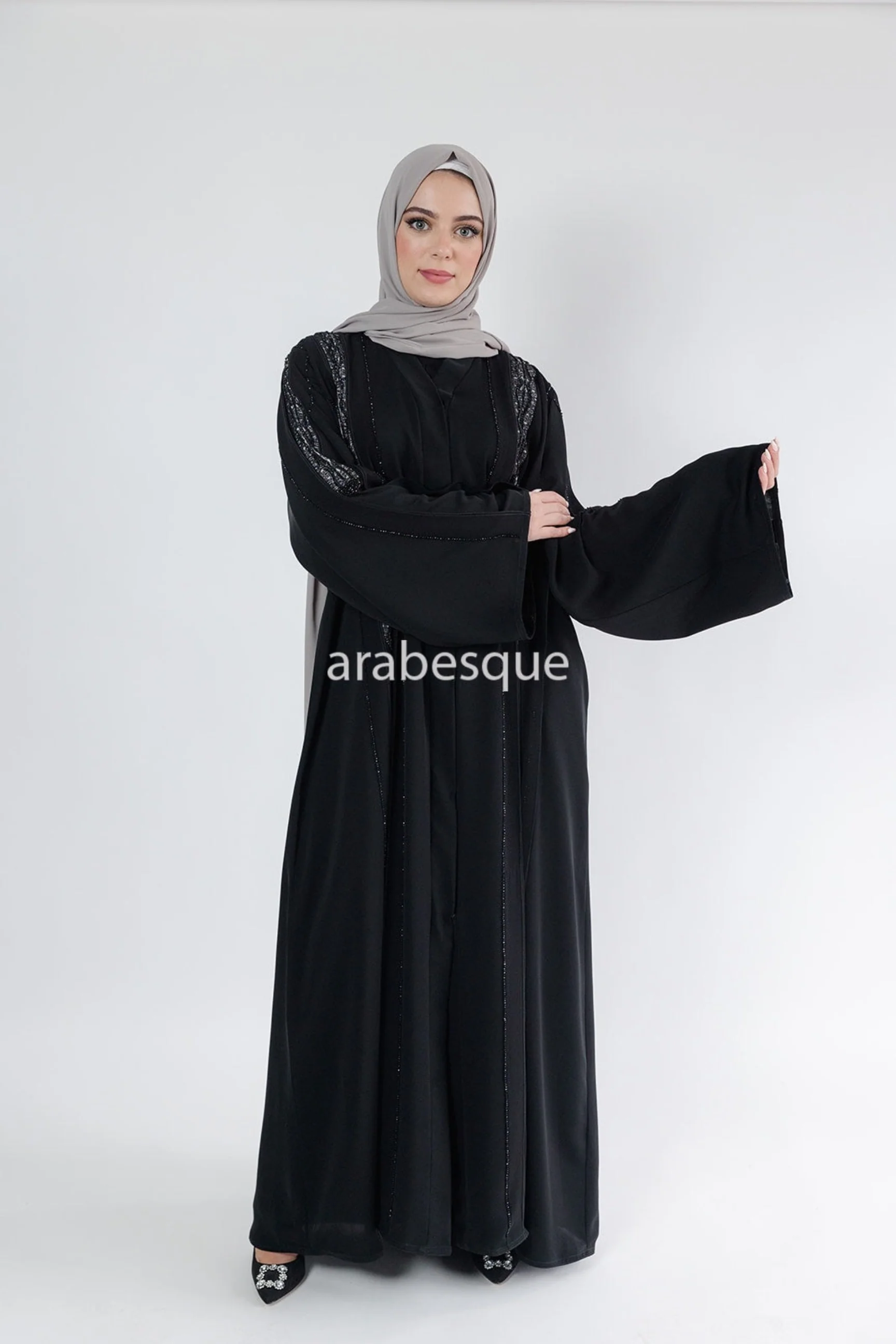 Black Open Abaya – Luxury Diamante and Lace Detailing