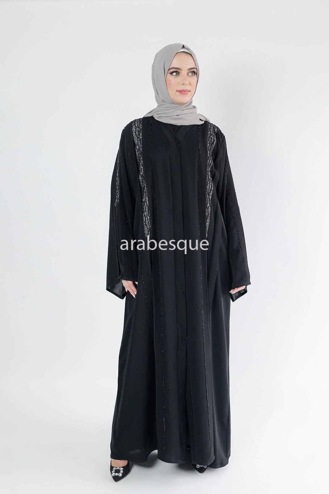 Black Open Abaya – Luxury Diamante and Lace Detailing - Image 2