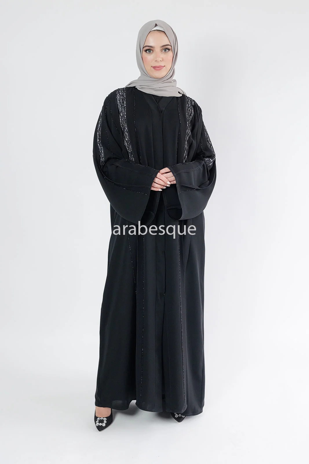 Black Open Abaya – Luxury Diamante and Lace Detailing - Image 5