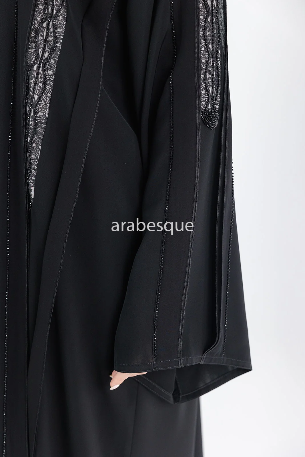 Black Open Abaya – Luxury Diamante and Lace Detailing - Image 6