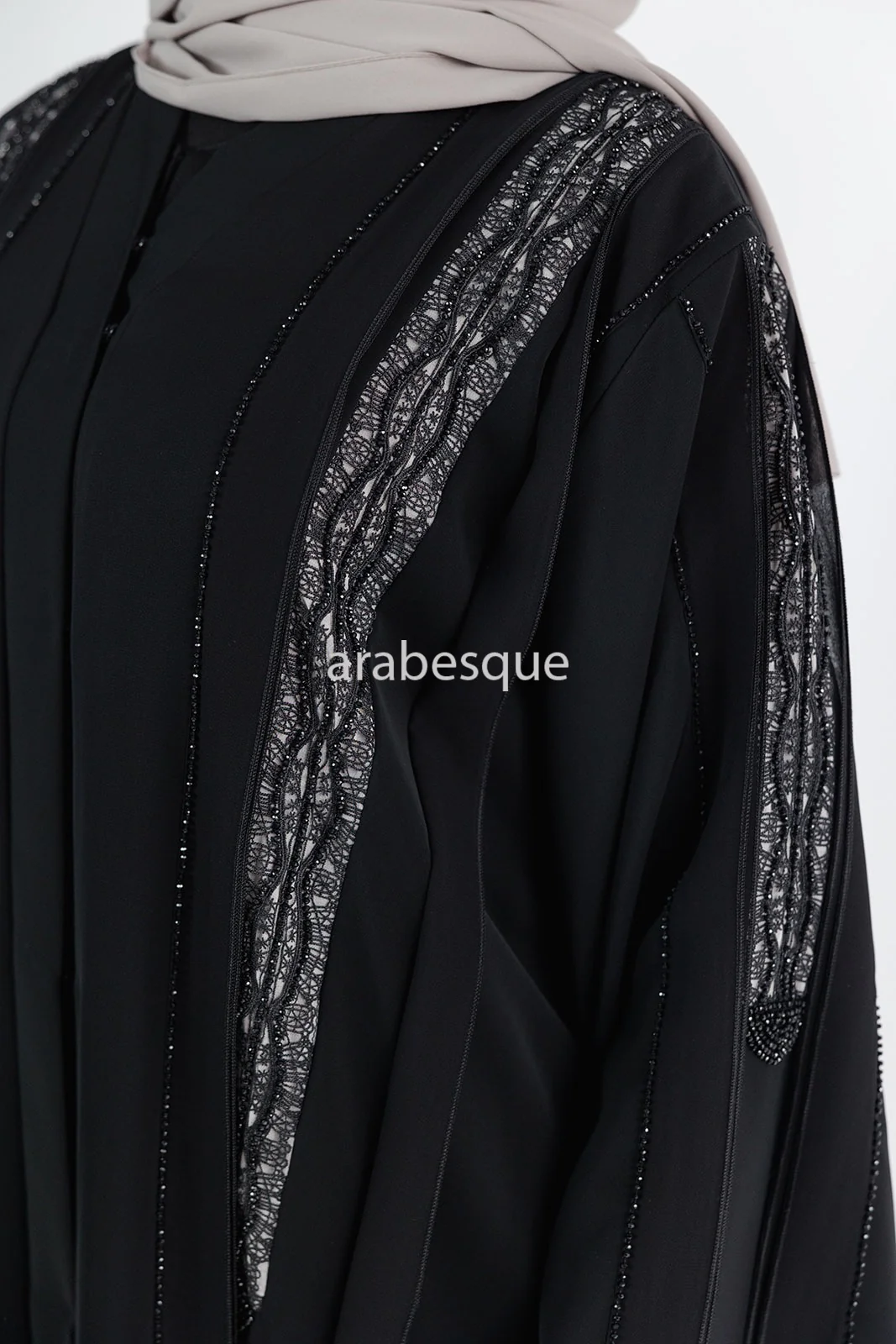 Black Open Abaya – Luxury Diamante and Lace Detailing - Image 7