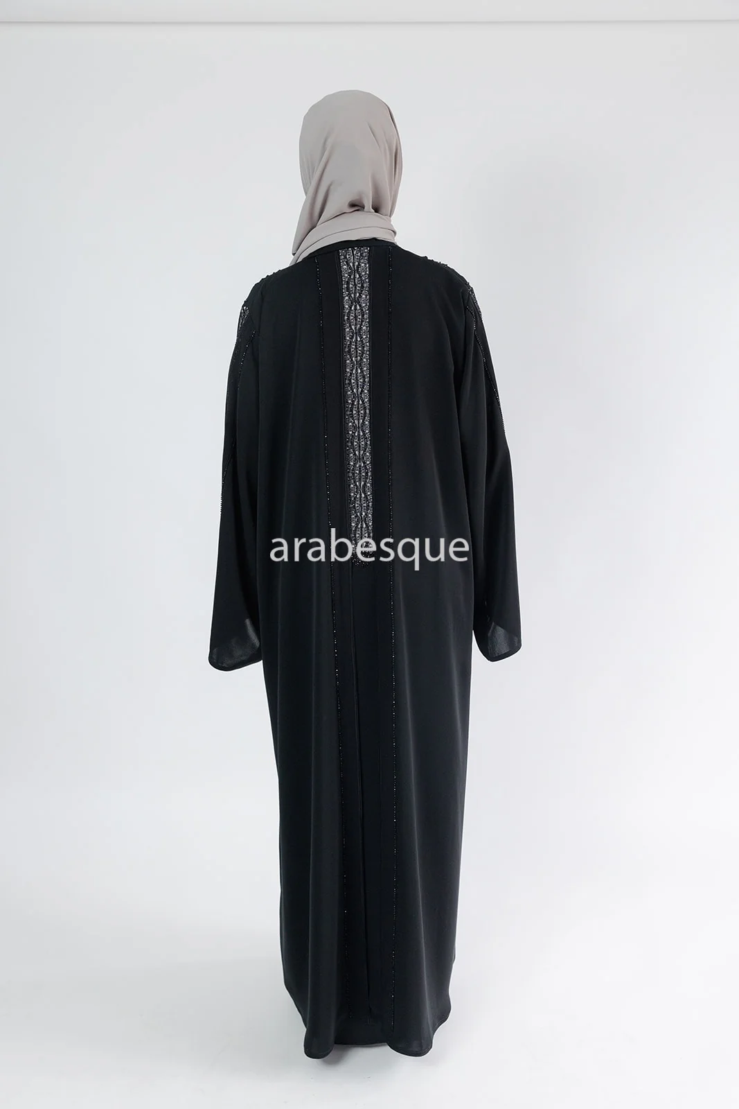 Black Open Abaya – Luxury Diamante and Lace Detailing - Image 9