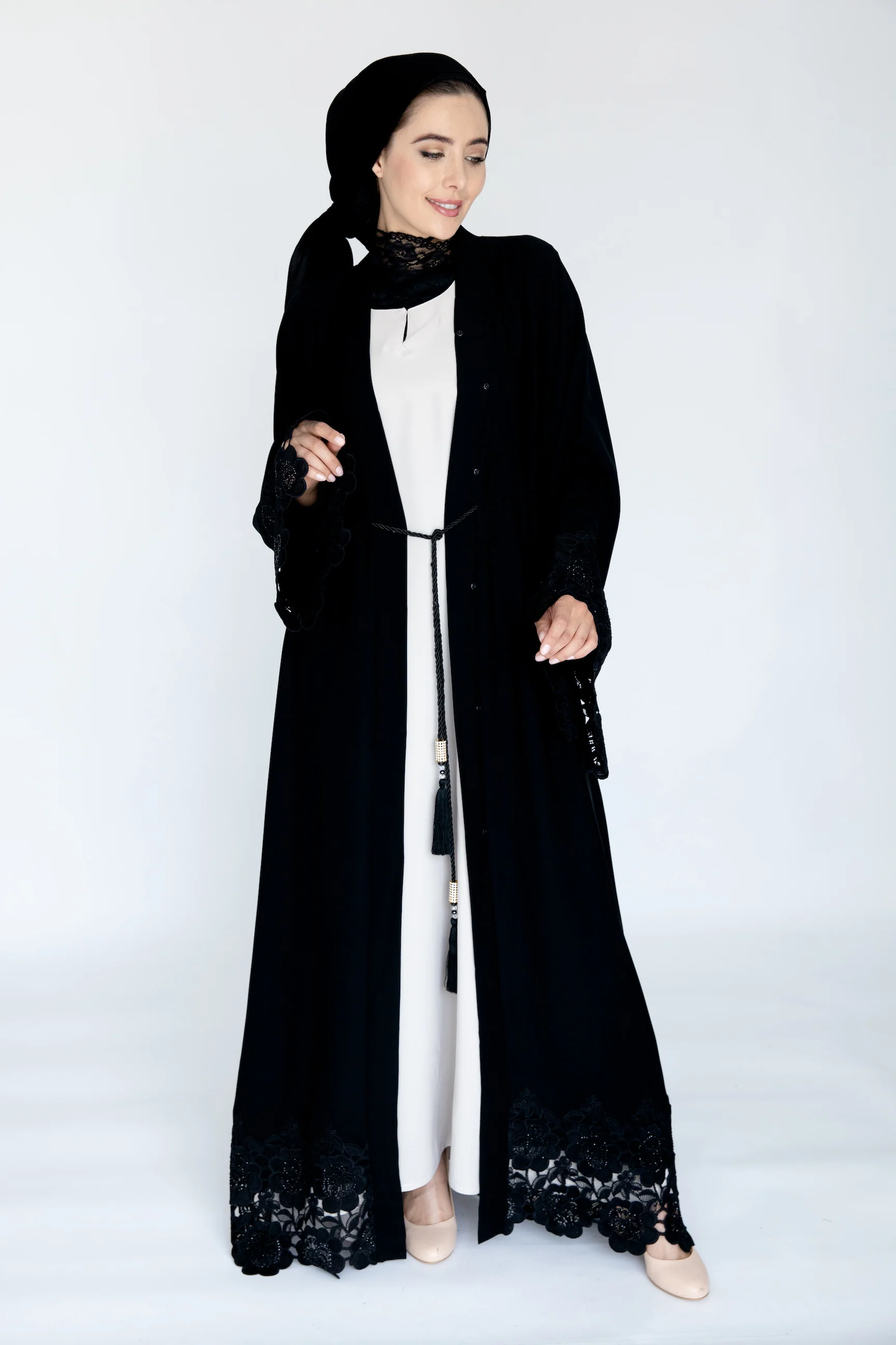 Black Open Abaya – Luxury Drawstring Design with Black Lace Trim - Image 6