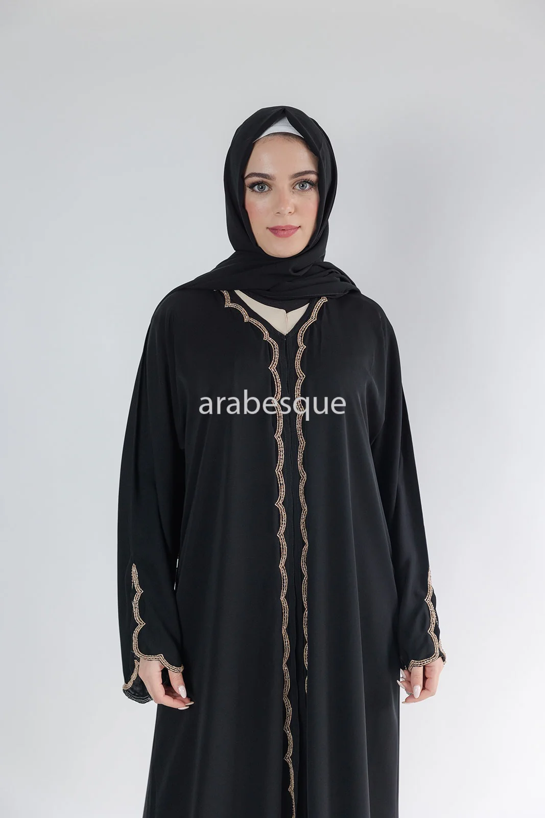 Black Open Abaya – Luxury Embellished Design with Golden Beads - Image 6