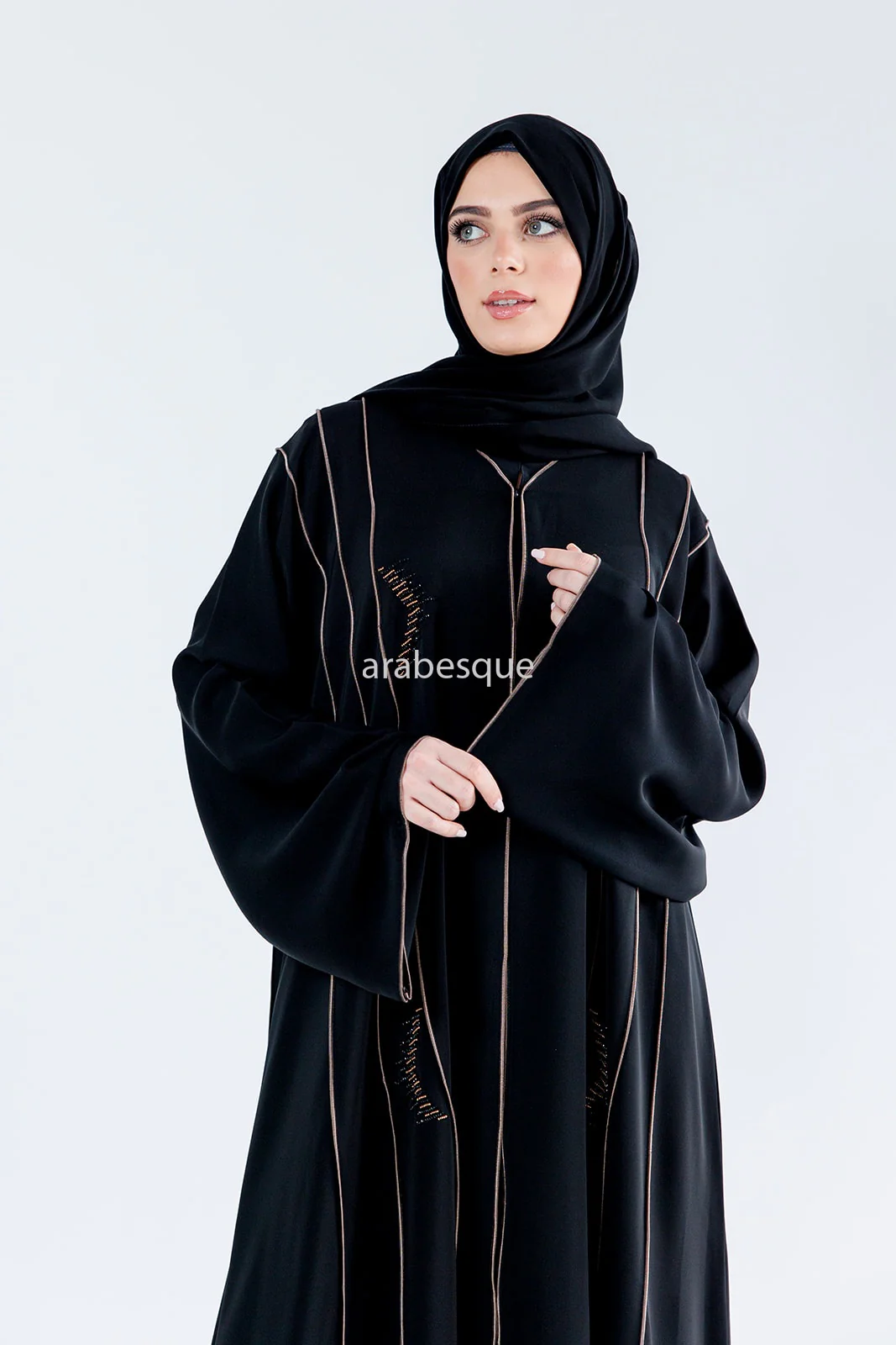 Black Open Abaya – Luxury Gold Beaded Umbrella Design with Striped Detailing - Image 3
