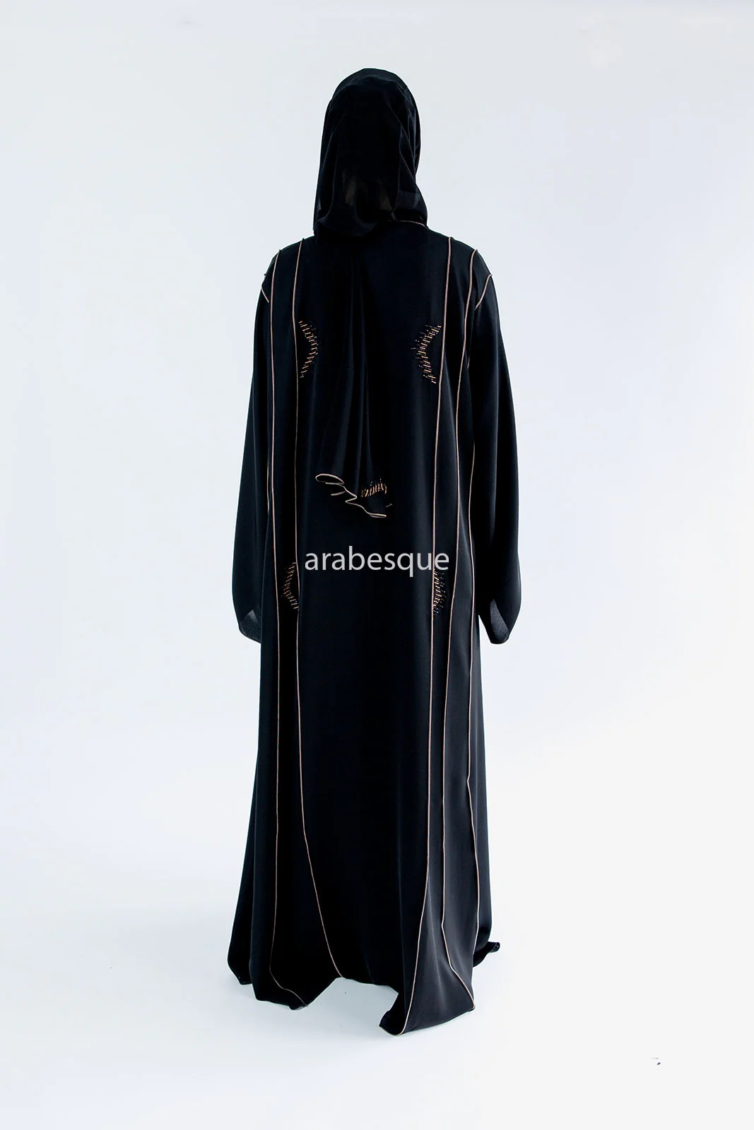 Black Open Abaya – Luxury Gold Beaded Umbrella Design with Striped Detailing - Image 4