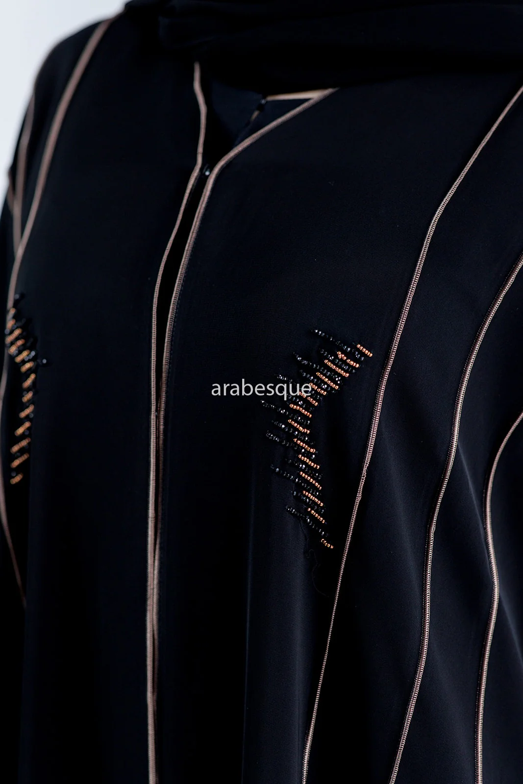 Black Open Abaya – Luxury Gold Beaded Umbrella Design with Striped Detailing - Image 5