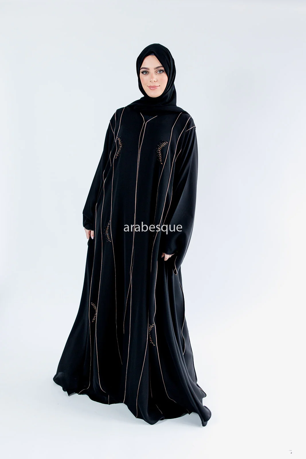Black Open Abaya – Luxury Gold Beaded Umbrella Design with Striped Detailing - Image 6