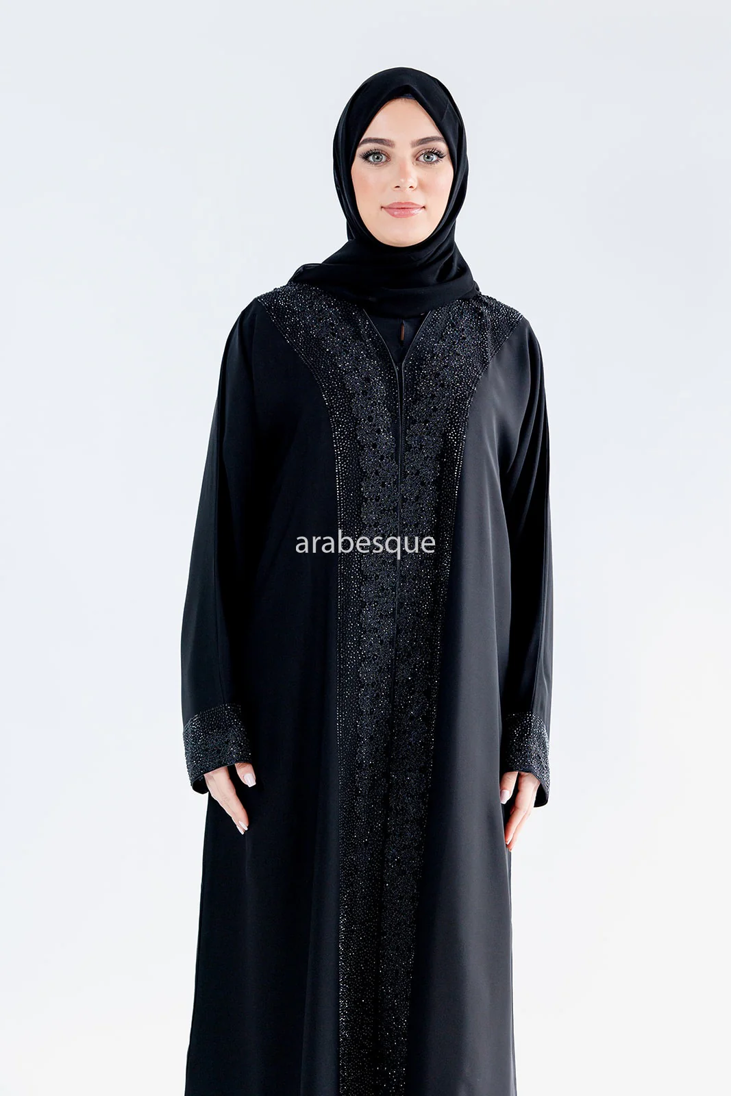 Black Open Abaya – Luxury Lace Embellished Sleeves and Border Design - Image 3