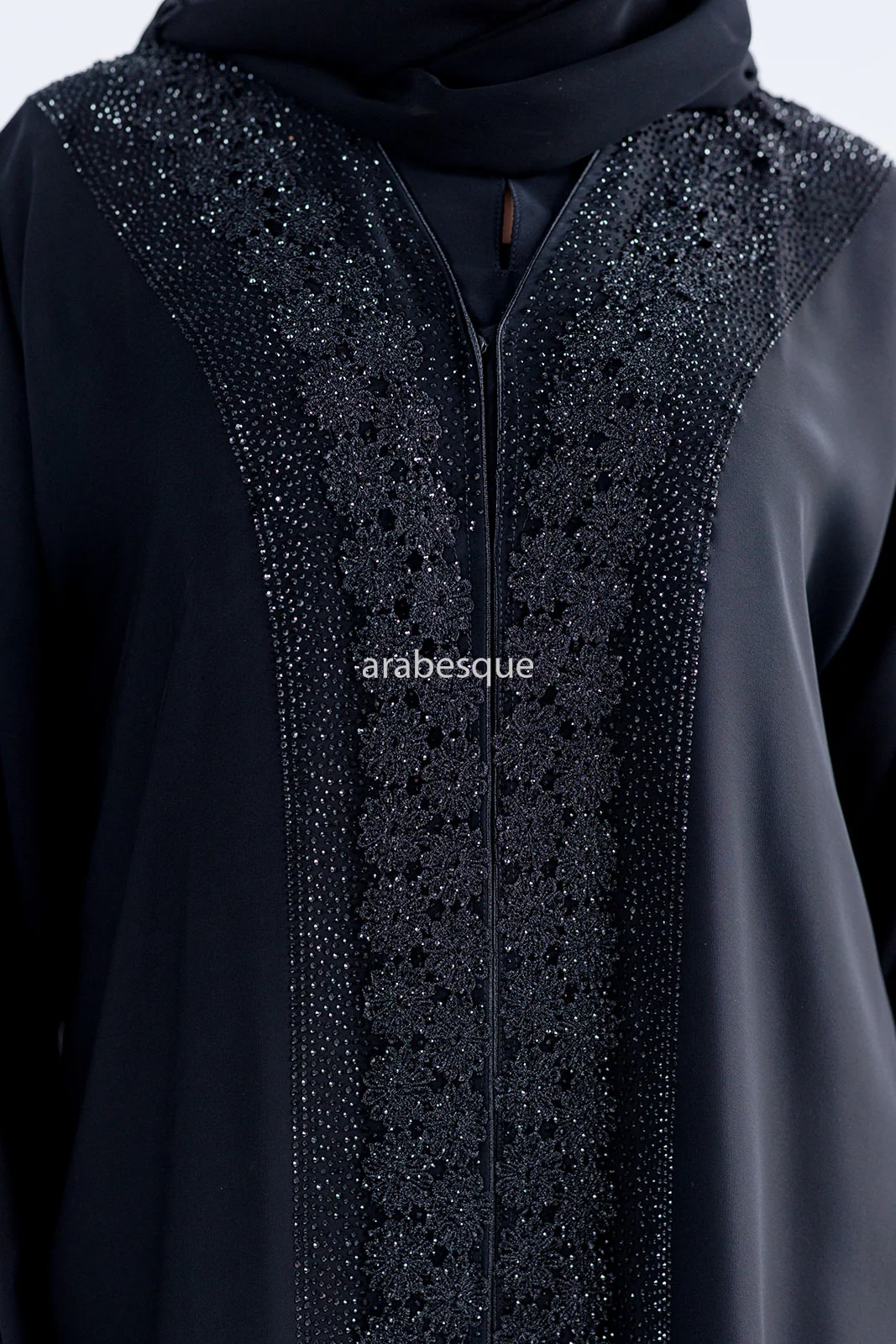 Black Open Abaya – Luxury Lace Embellished Sleeves and Border Design - Image 4