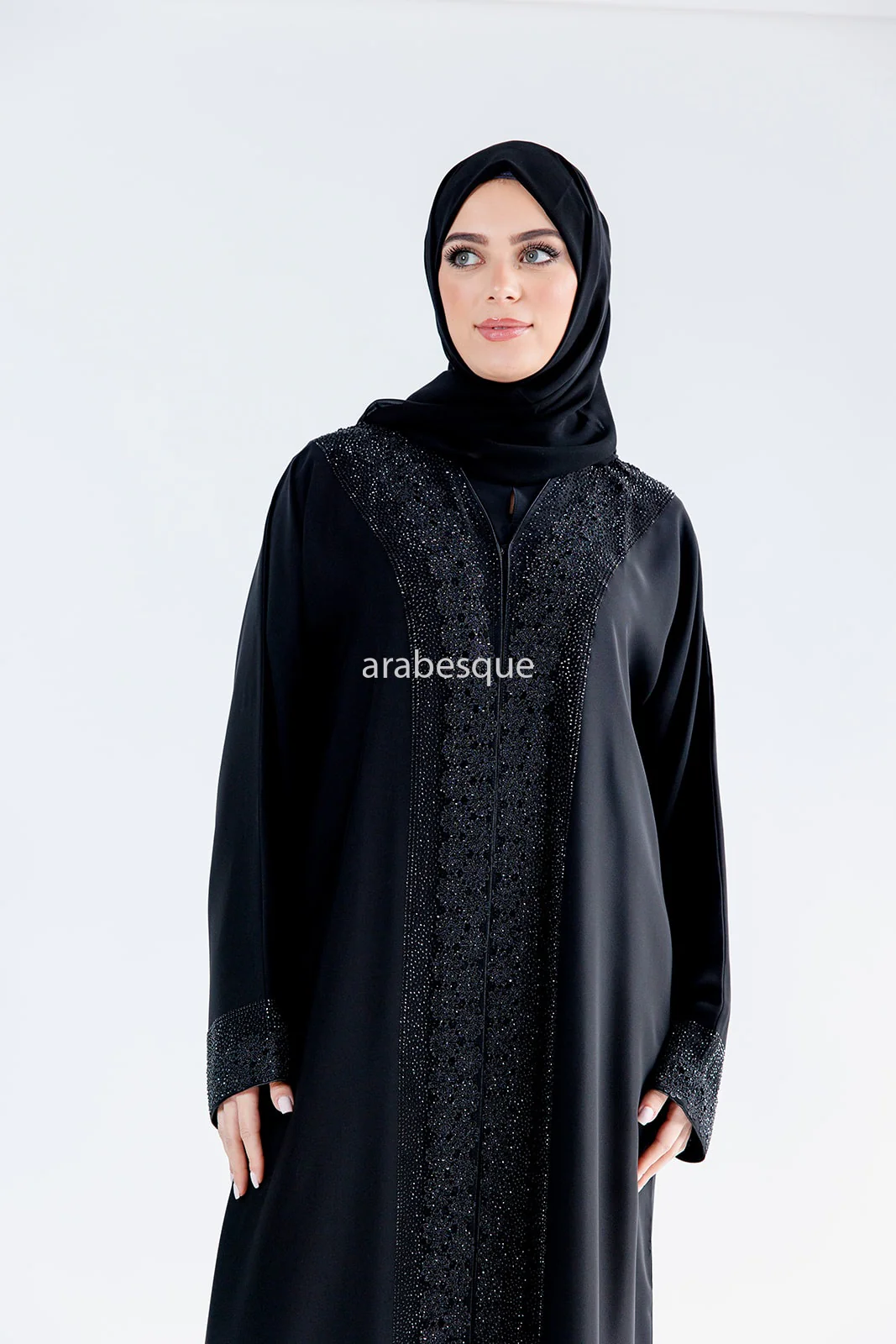Black Open Abaya – Luxury Lace Embellished Sleeves and Border Design - Image 6