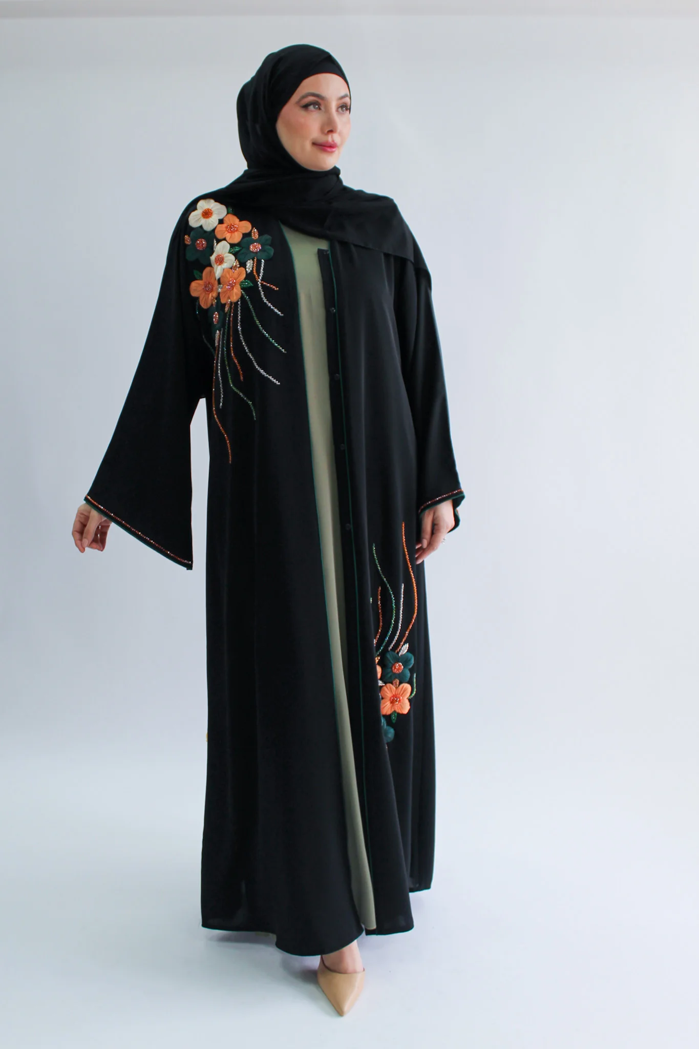 Black Open Abaya – Luxury Multicolour Flowers 3D Organza Beaded Design