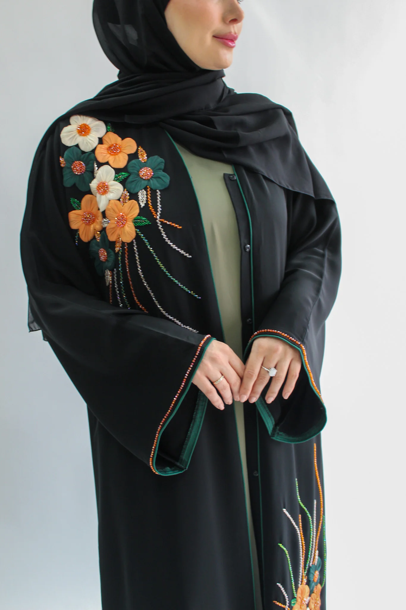 Black Open Abaya – Luxury Multicolour Flowers 3D Organza Beaded Design - Image 2