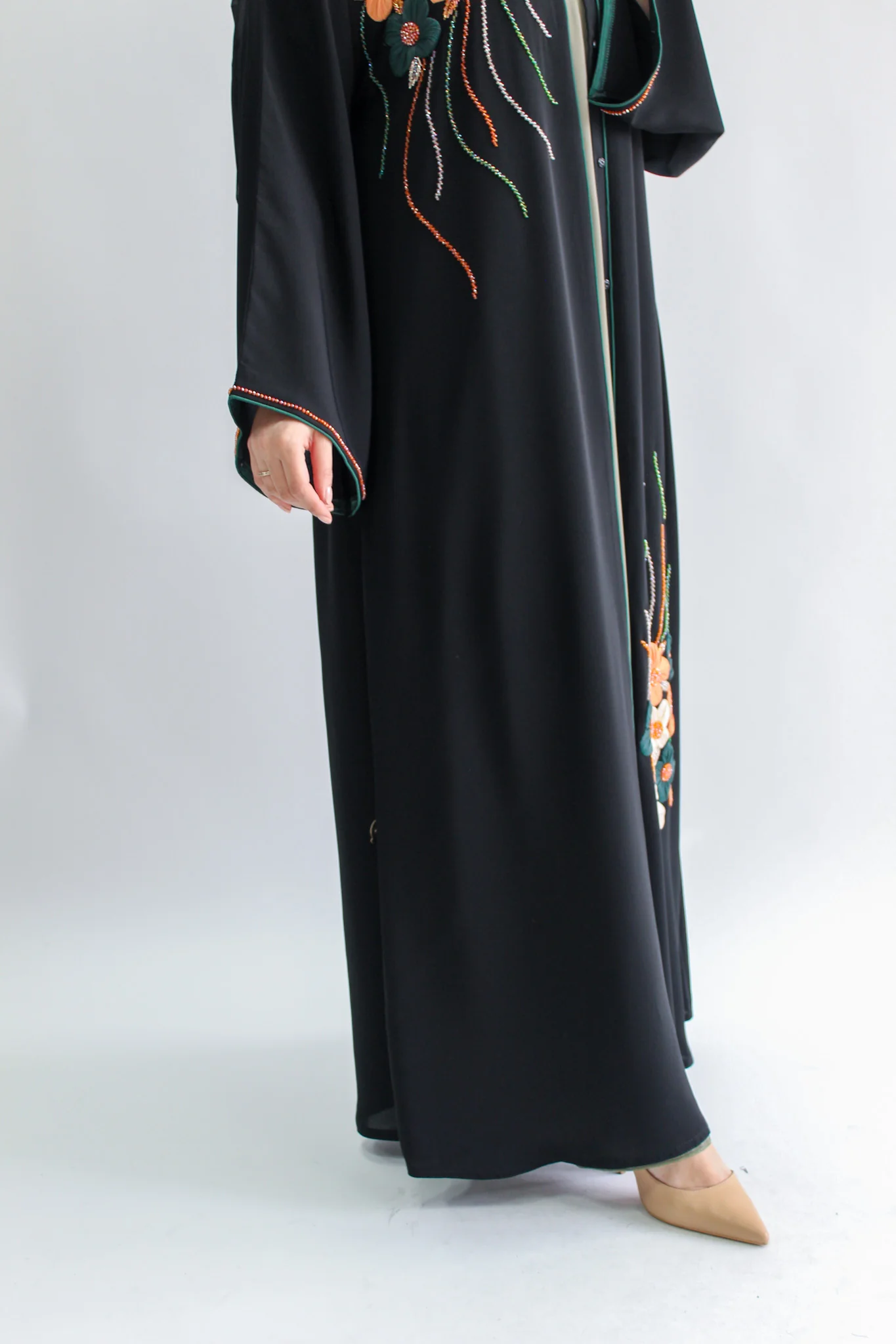 Black Open Abaya – Luxury Multicolour Flowers 3D Organza Beaded Design - Image 3