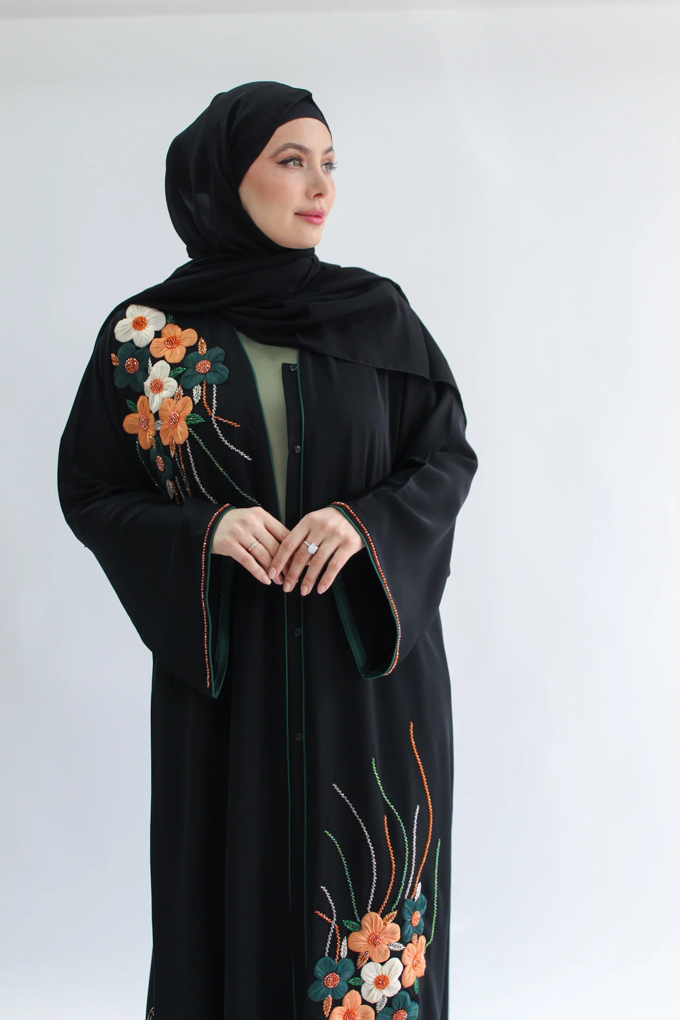 Black Open Abaya – Luxury Multicolour Flowers 3D Organza Beaded Design - Image 4