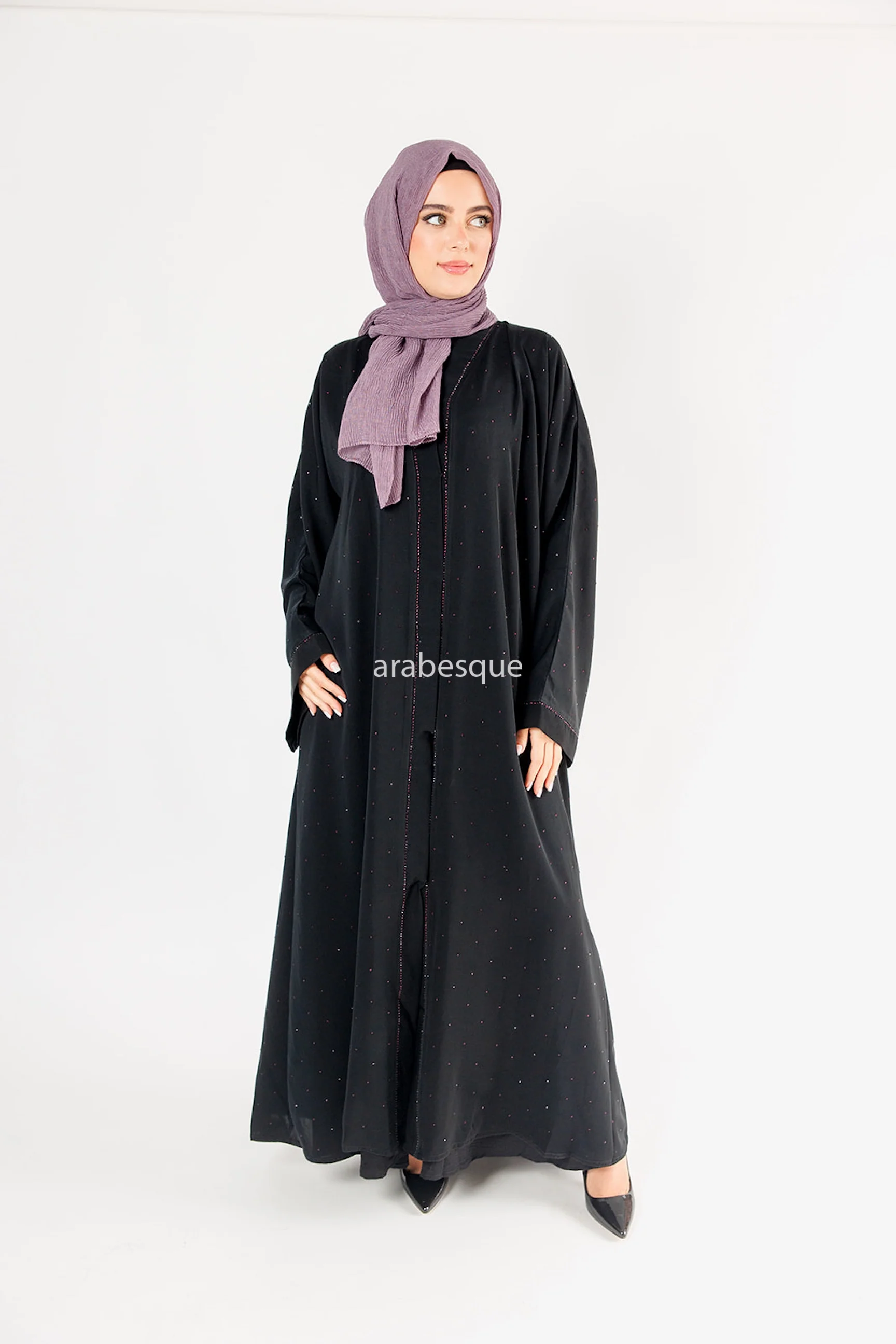Black Open Abaya – Luxury Purple Diamanté Embellished Design