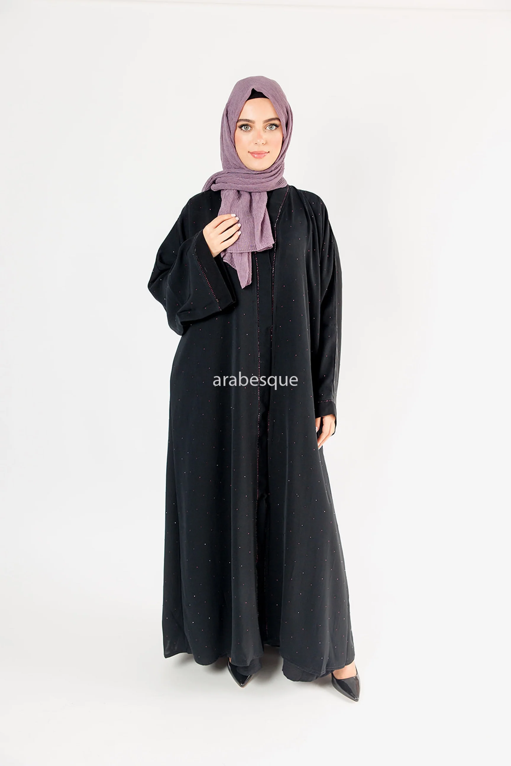 Black Open Abaya – Luxury Purple Diamanté Embellished Design - Image 2