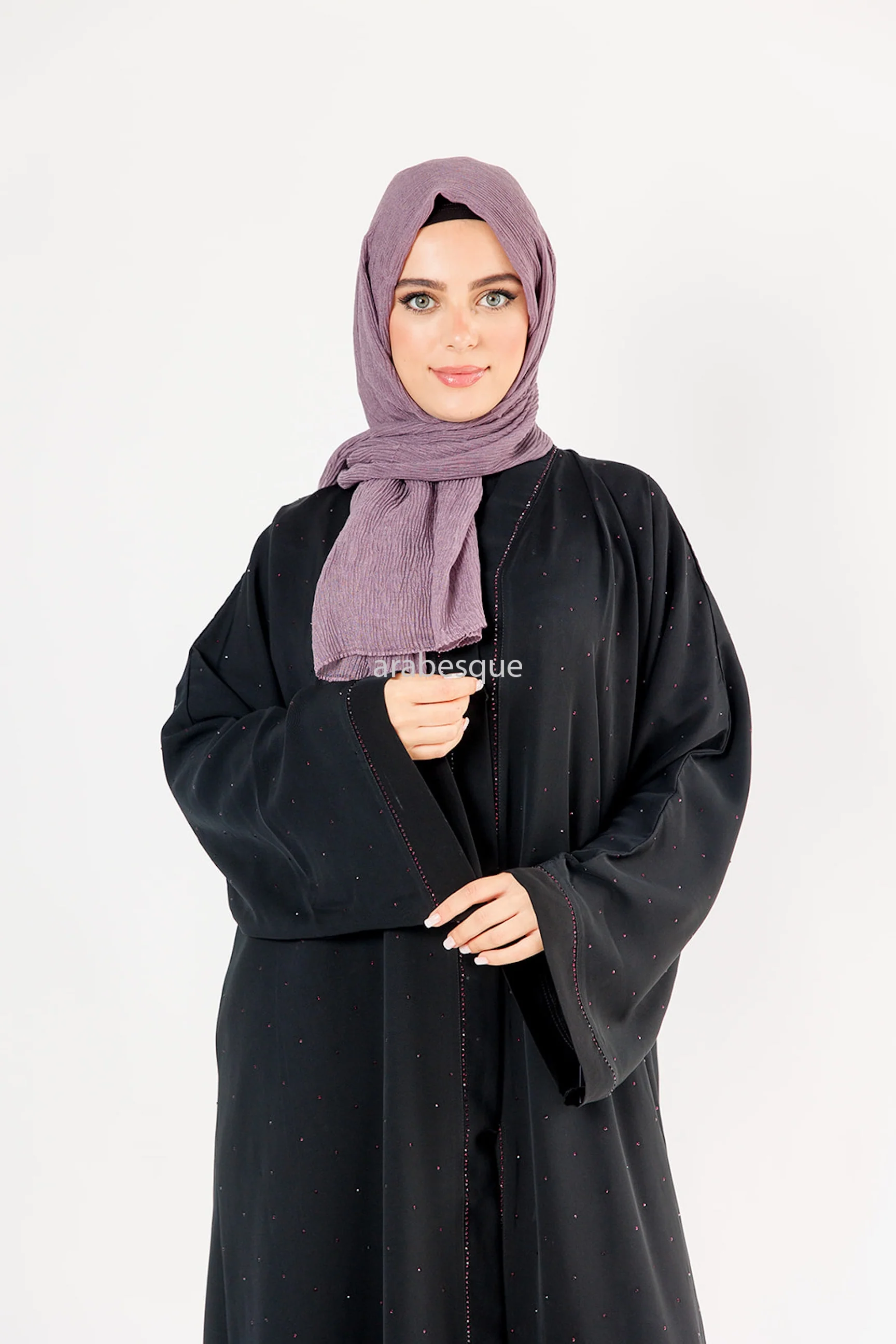 Black Open Abaya – Luxury Purple Diamanté Embellished Design - Image 3