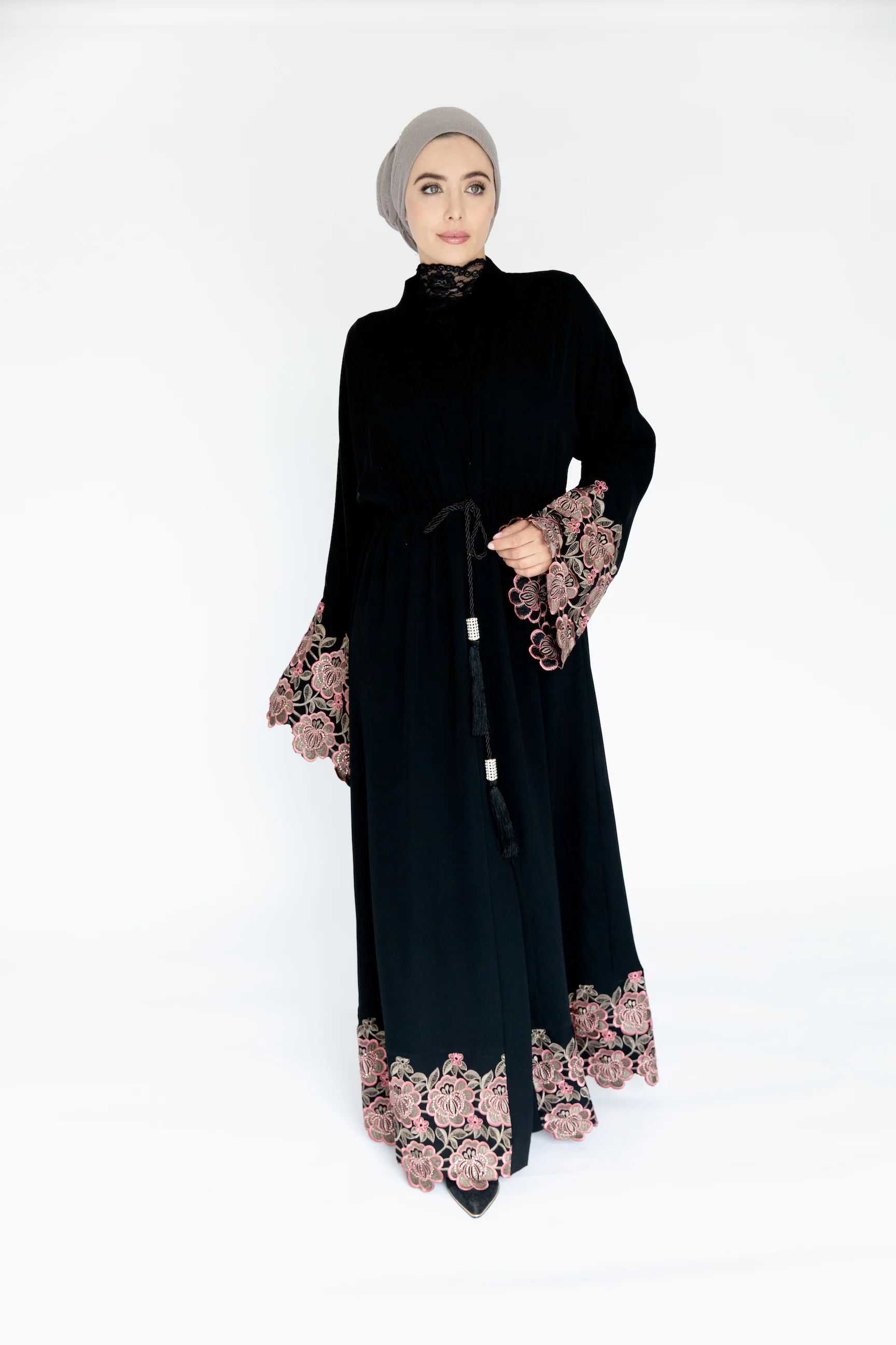 Black Open Abaya – Pink Floral Embroidered Sleeves and Hem with Drawstring Waist - Image 3
