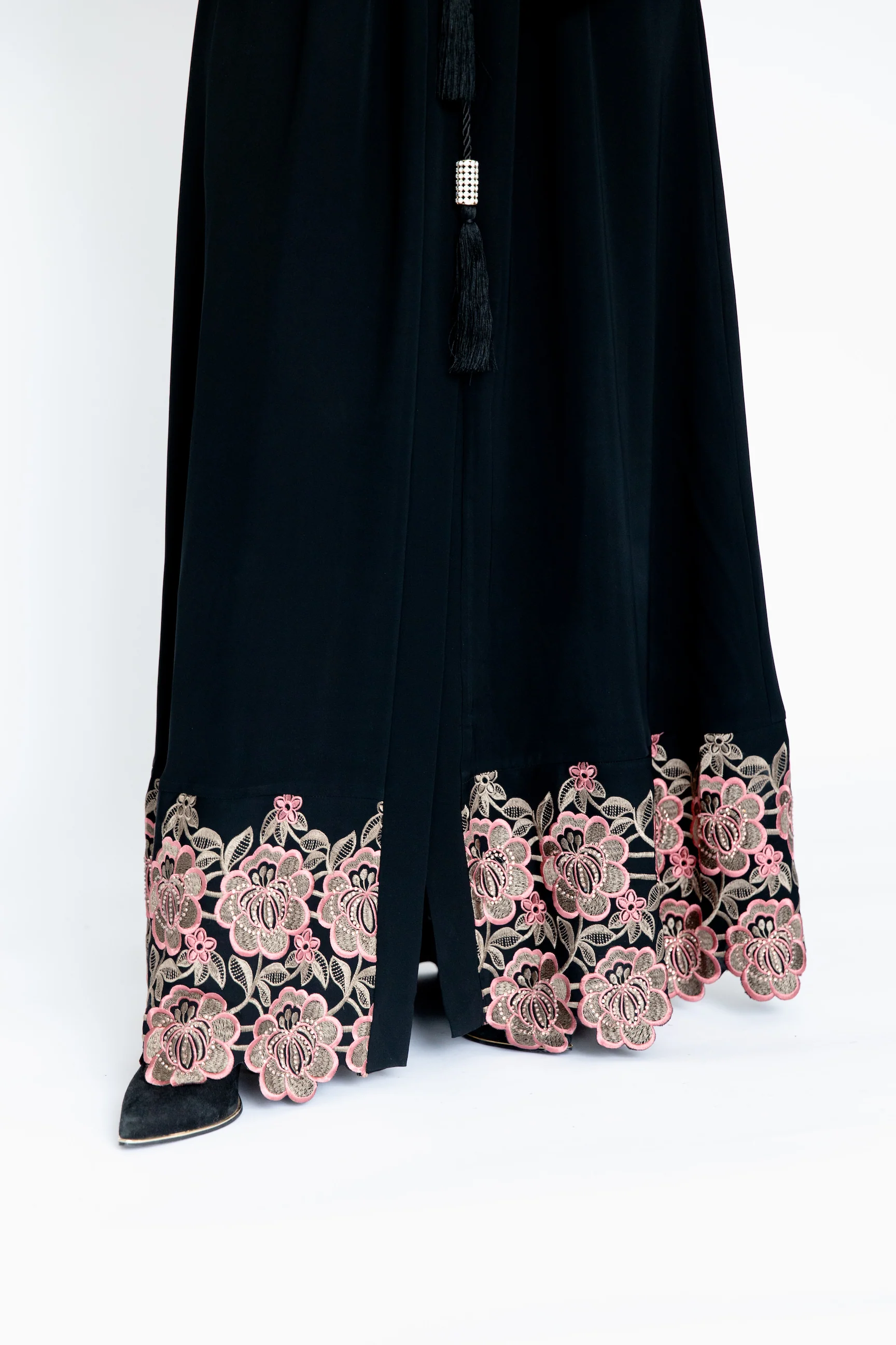 Black Open Abaya – Pink Floral Embroidered Sleeves and Hem with Drawstring Waist - Image 4