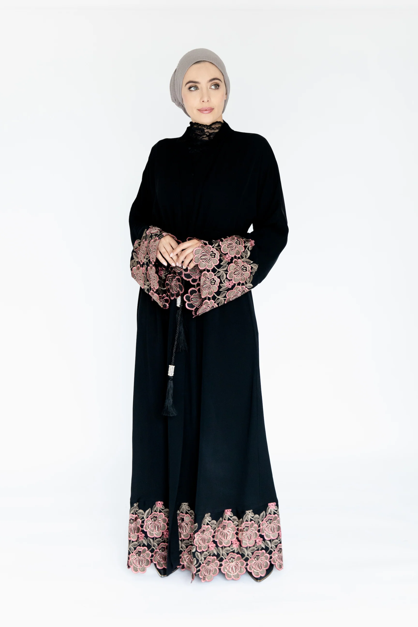 Black Open Abaya – Pink Floral Embroidered Sleeves and Hem with Drawstring Waist - Image 5