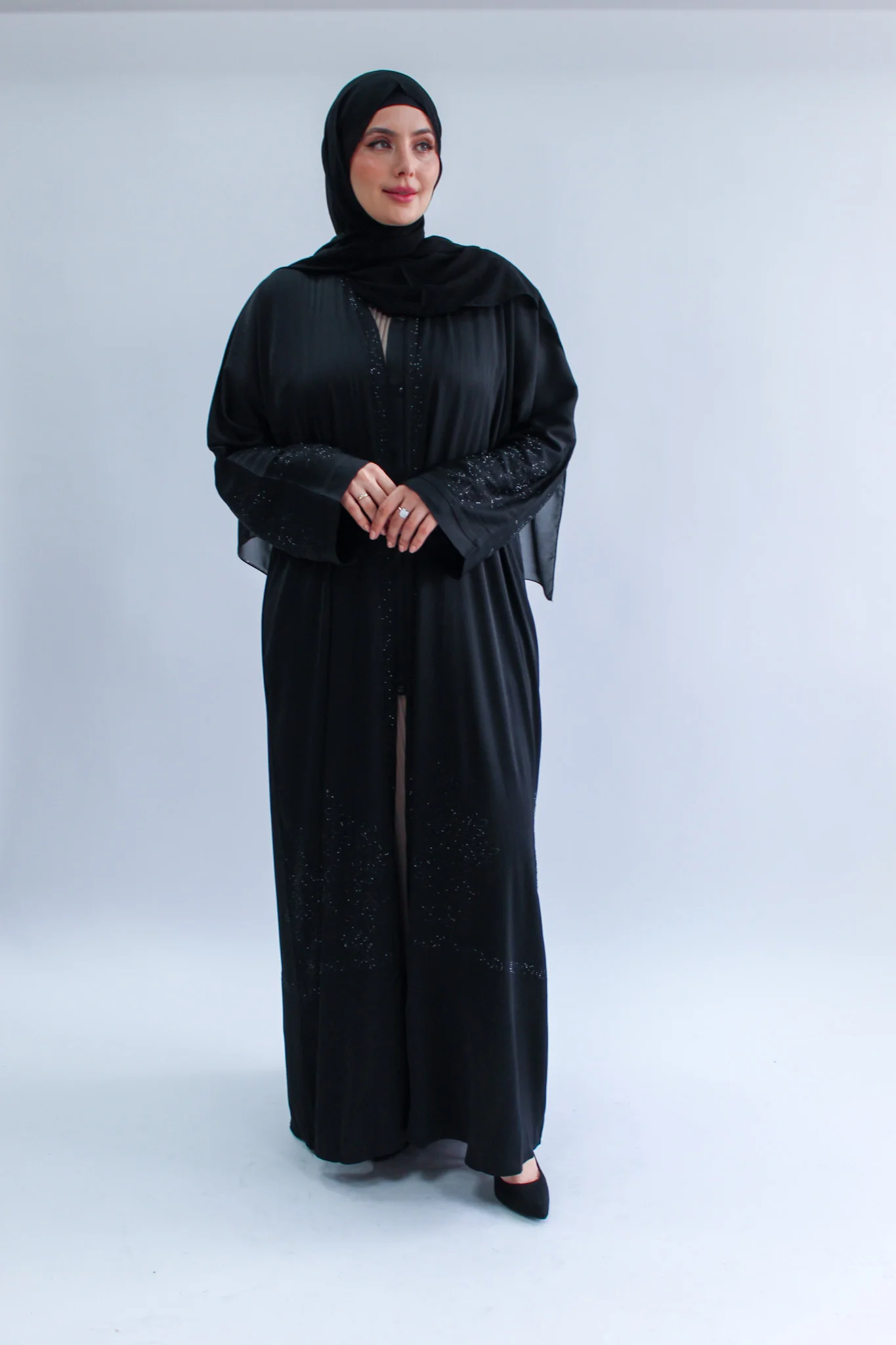 Black Open Abaya – Ripple satin With Diamante Flower Pattern