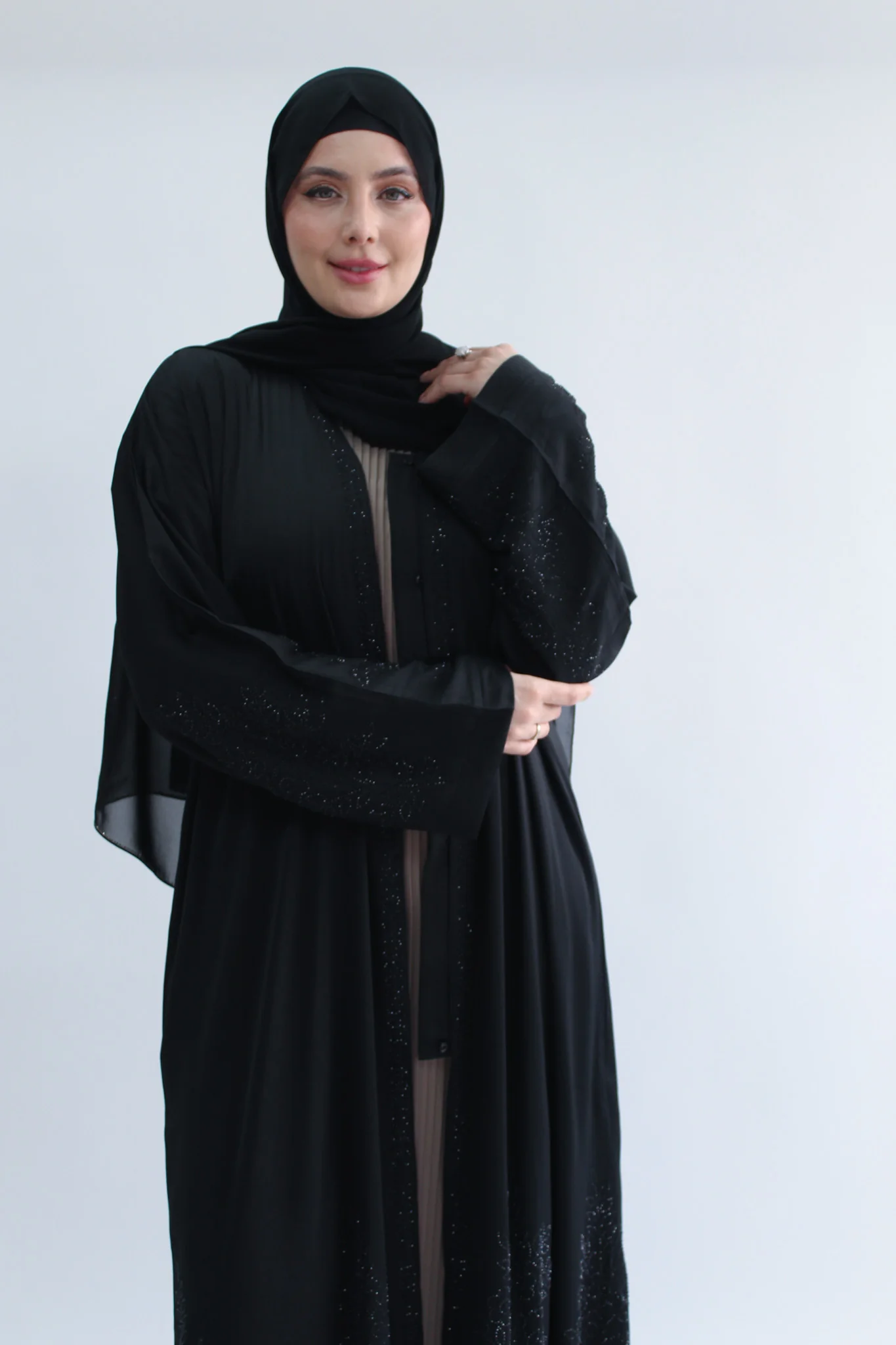 Black Open Abaya – Ripple satin With Diamante Flower Pattern - Image 2