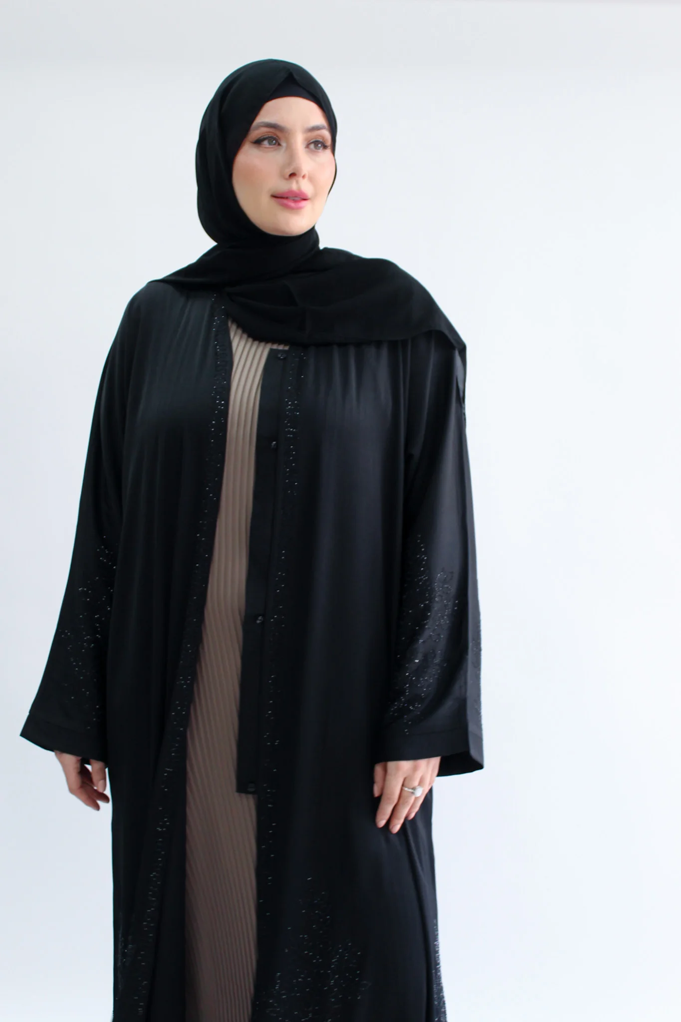 Black Open Abaya – Ripple satin With Diamante Flower Pattern - Image 3