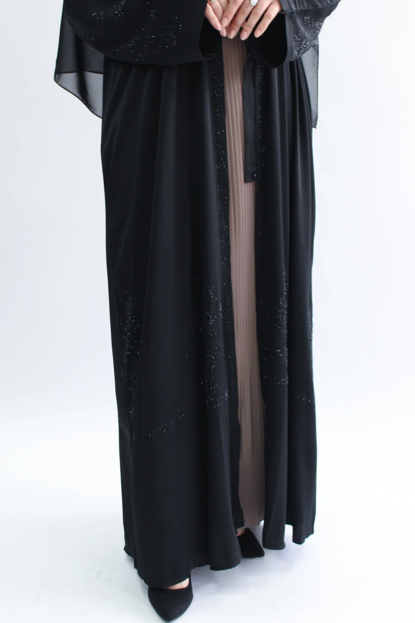 Black Open Abaya – Ripple satin With Diamante Flower Pattern - Image 4