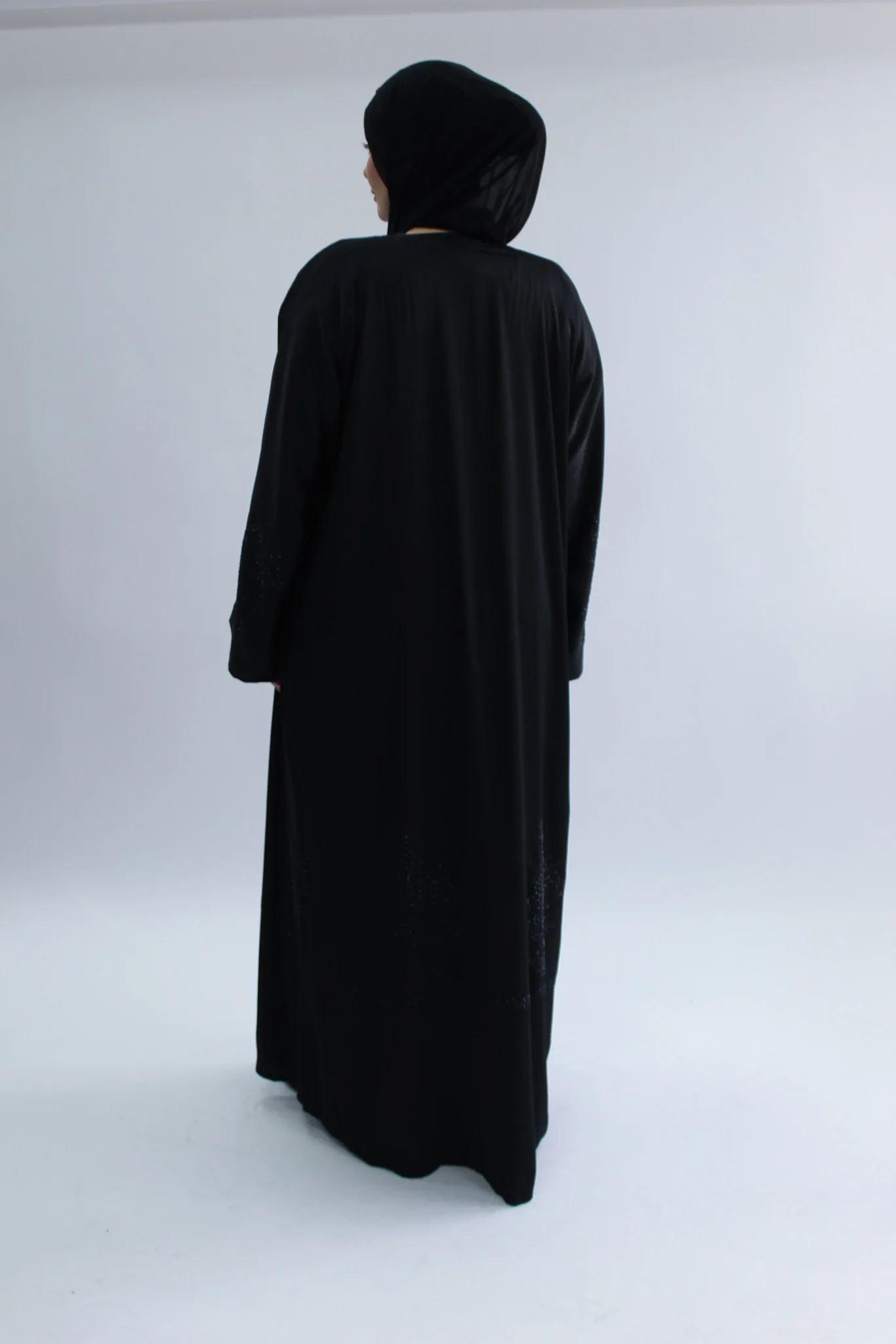 Black Open Abaya – Ripple satin With Diamante Flower Pattern - Image 5