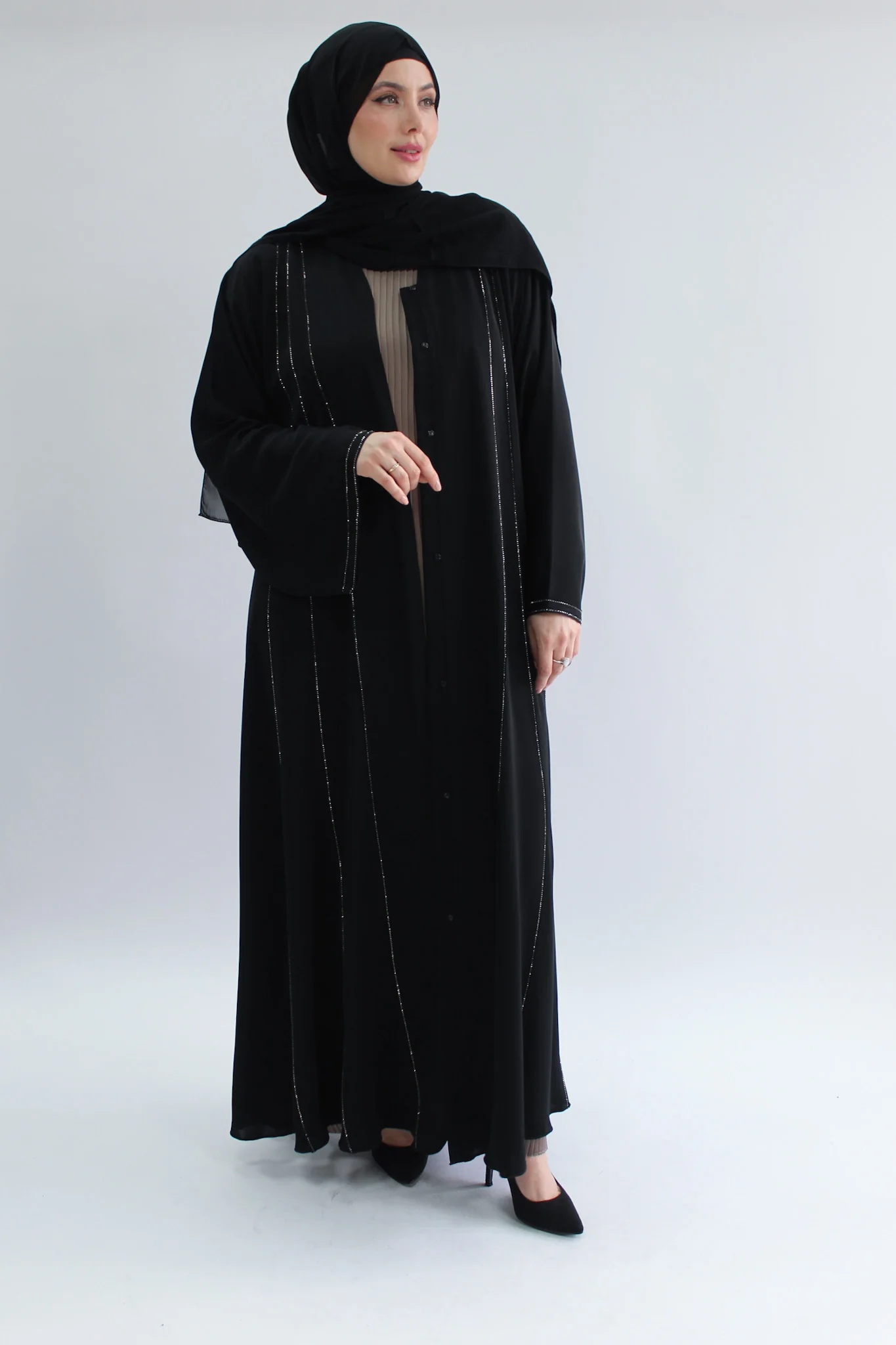 Black Open Abaya - Subtle Silver Diamante Stripes And Stitching