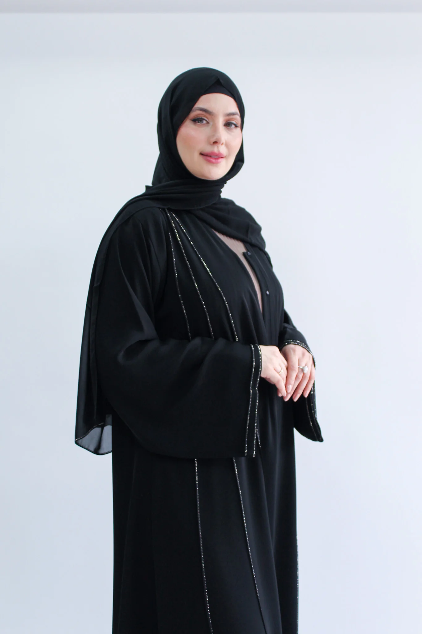 Black Open Abaya - Subtle Silver Diamante Stripes And Stitching - Image 3