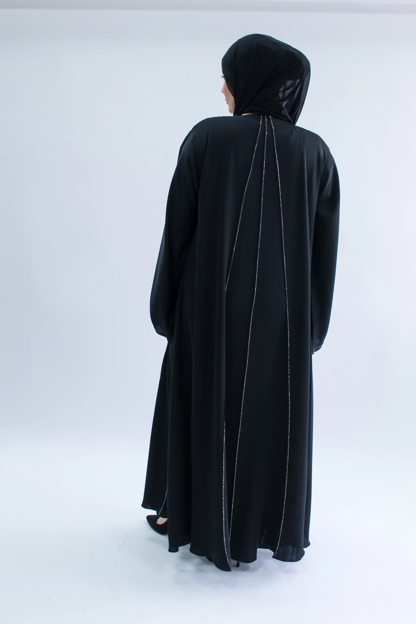 Black Open Abaya - Subtle Silver Diamante Stripes And Stitching - Image 4