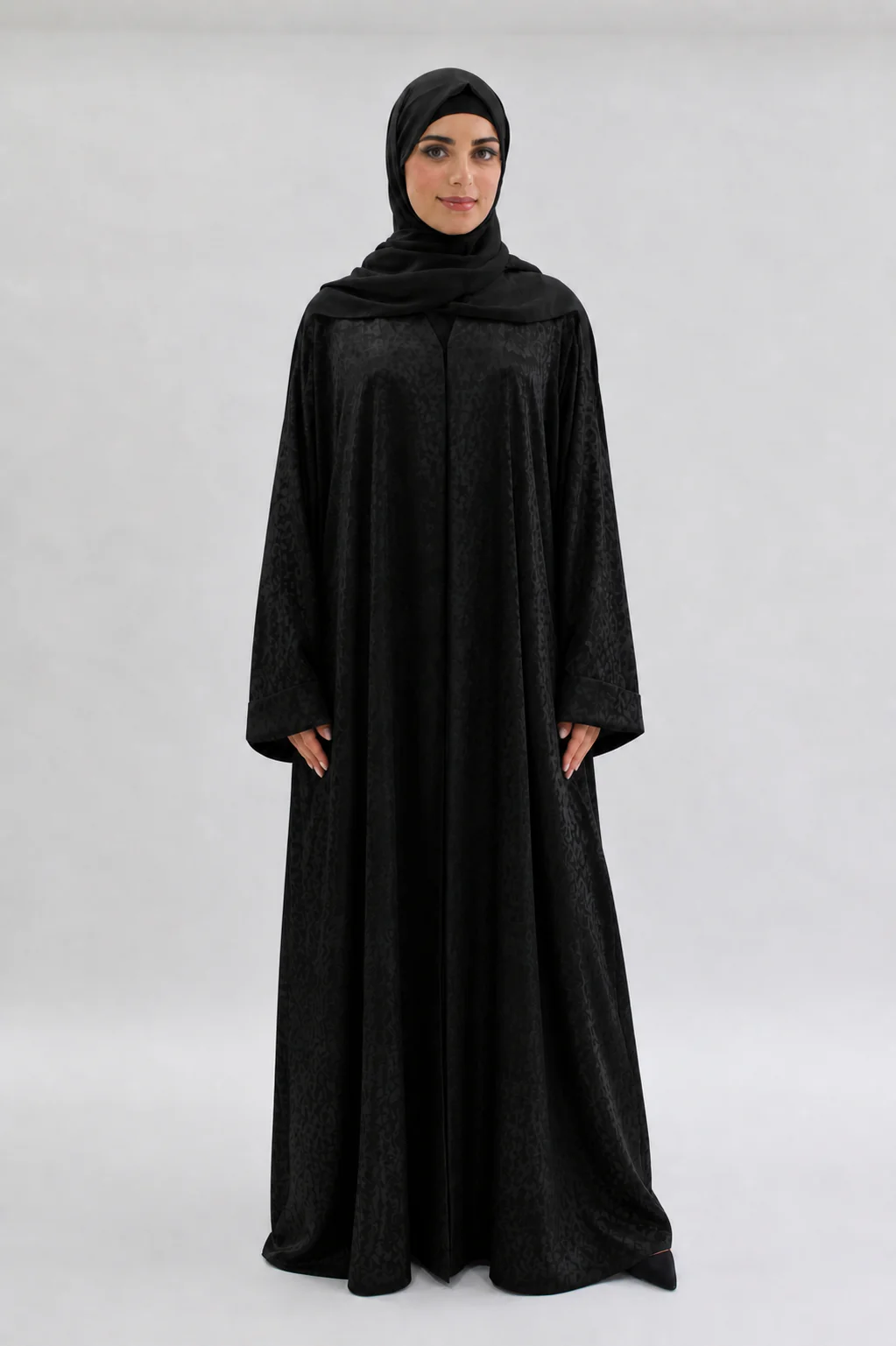 Black Open Silky Abaya – Leopard Print