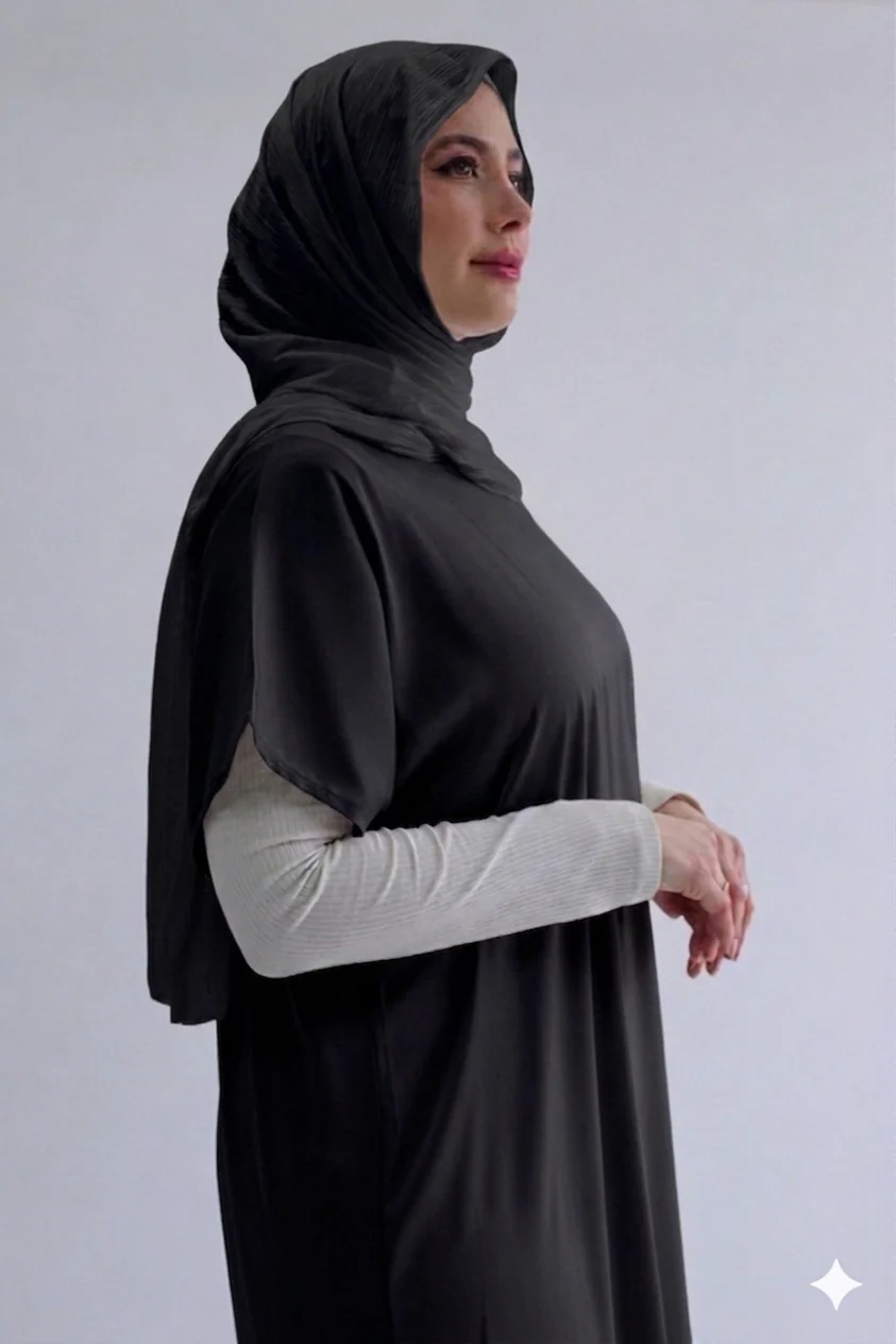 Black Plain Short Sleeve Dress  - Silky Ripple Satin - Image 2