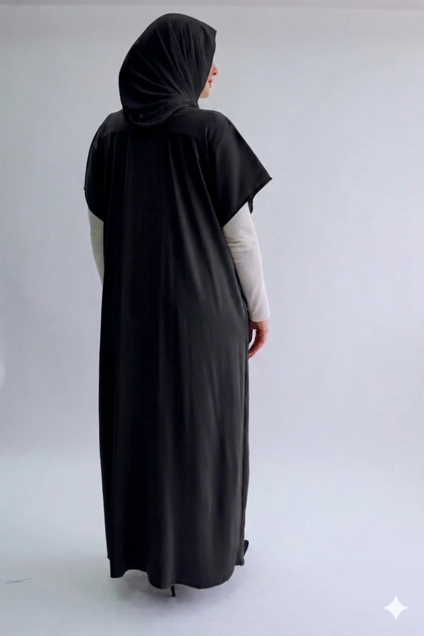 Black Plain Short Sleeve Dress  - Silky Ripple Satin - Image 3