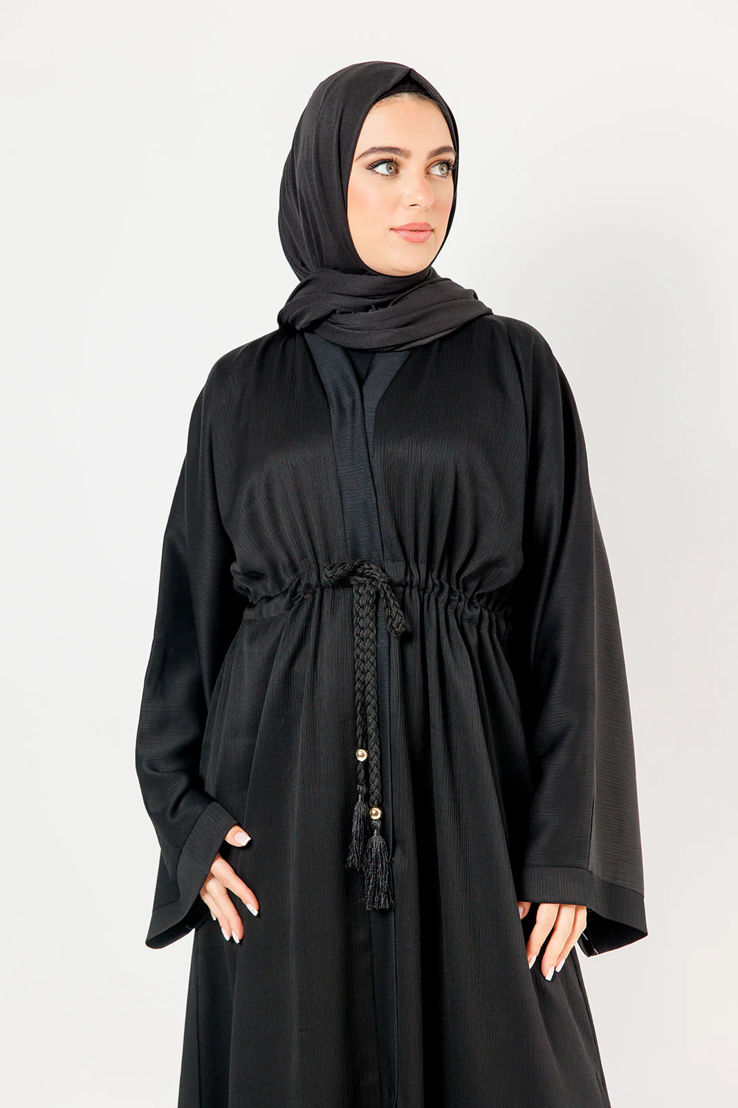 Black Open Abaya – Plain Design, Drawstring Waist with Textured Finish - Image 2