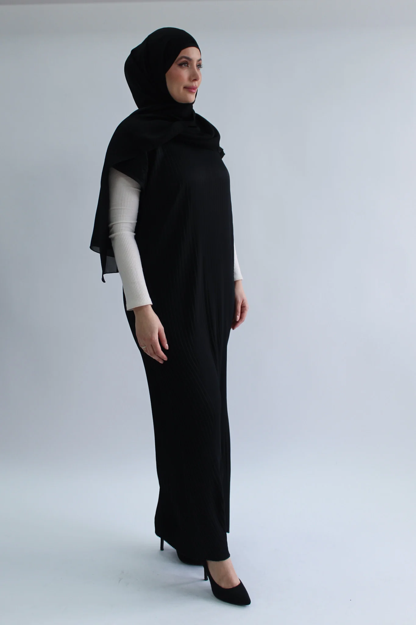 Black Pleated Short Sleeve Dress  - Silky Ripple Satin