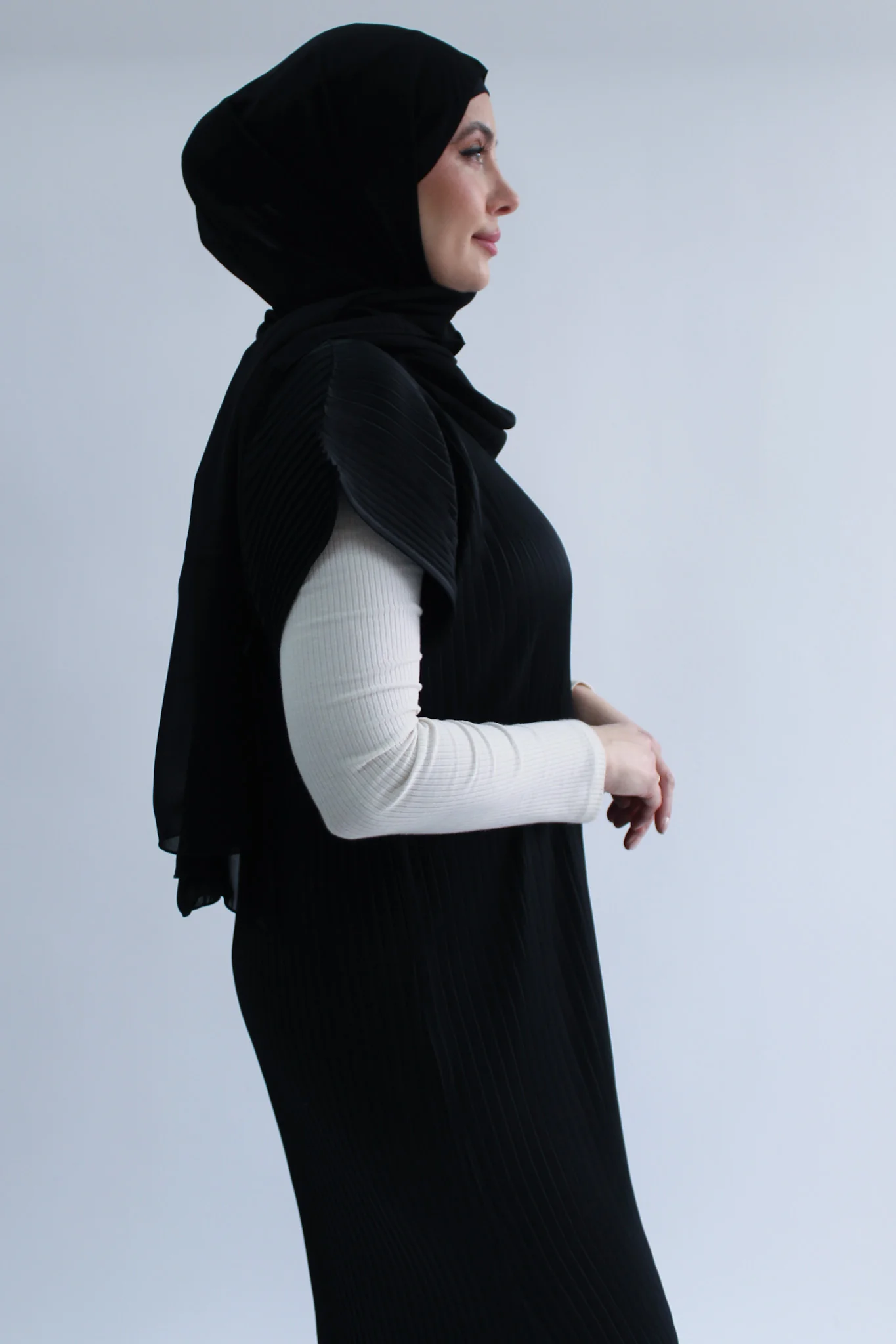 Black Pleated Short Sleeve Dress  - Silky Ripple Satin - Image 2