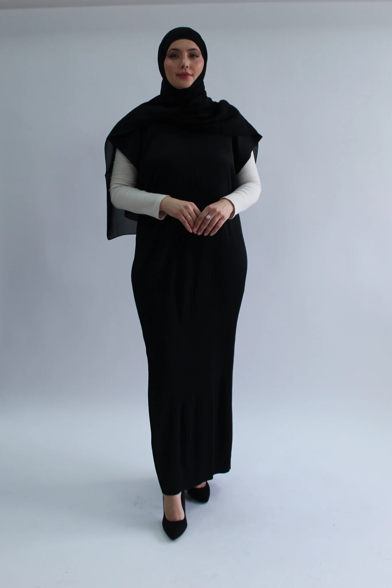 Black Pleated Short Sleeve Dress  - Silky Ripple Satin - Image 3