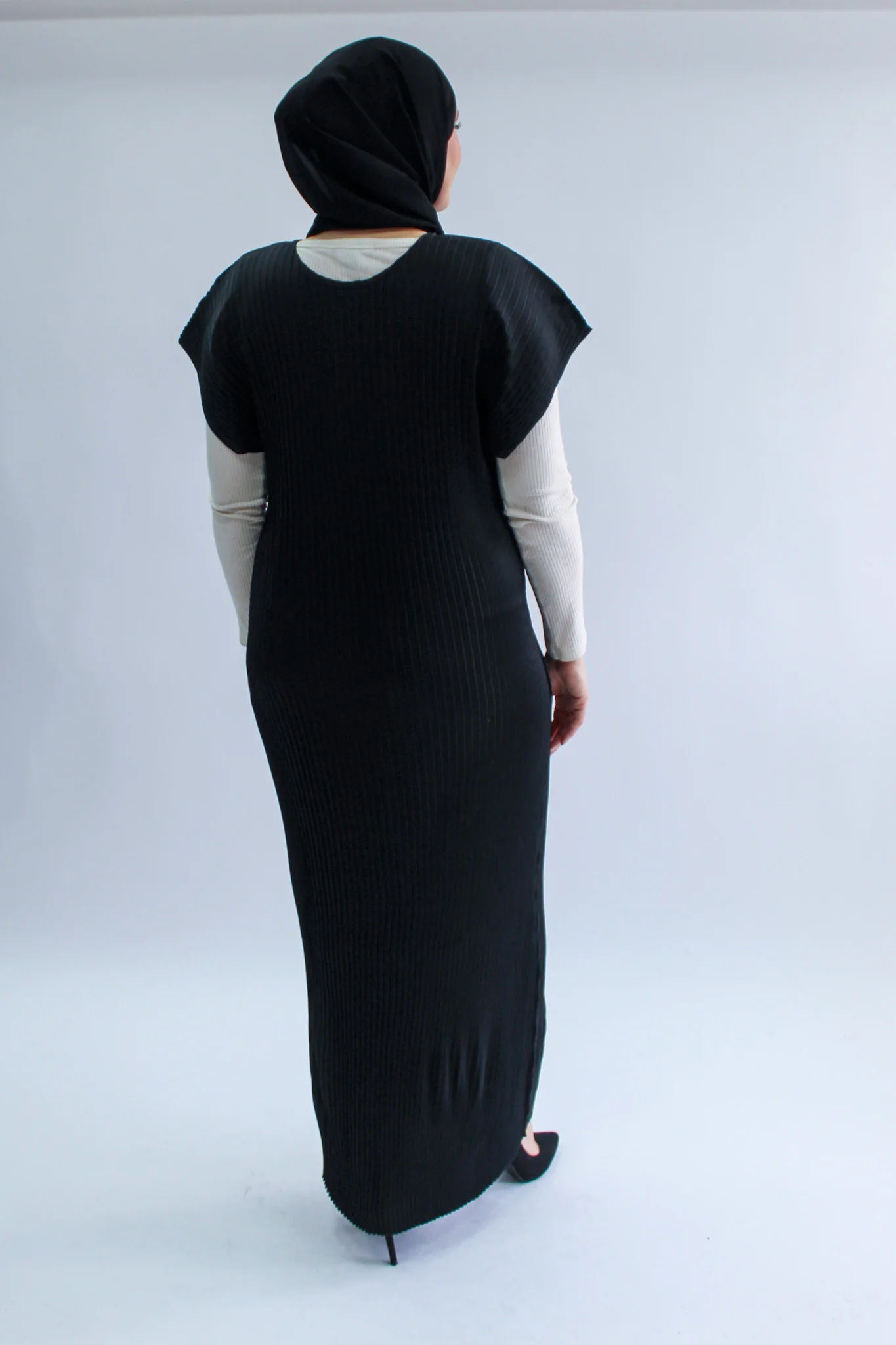 Black Pleated Short Sleeve Dress  - Silky Ripple Satin - Image 4