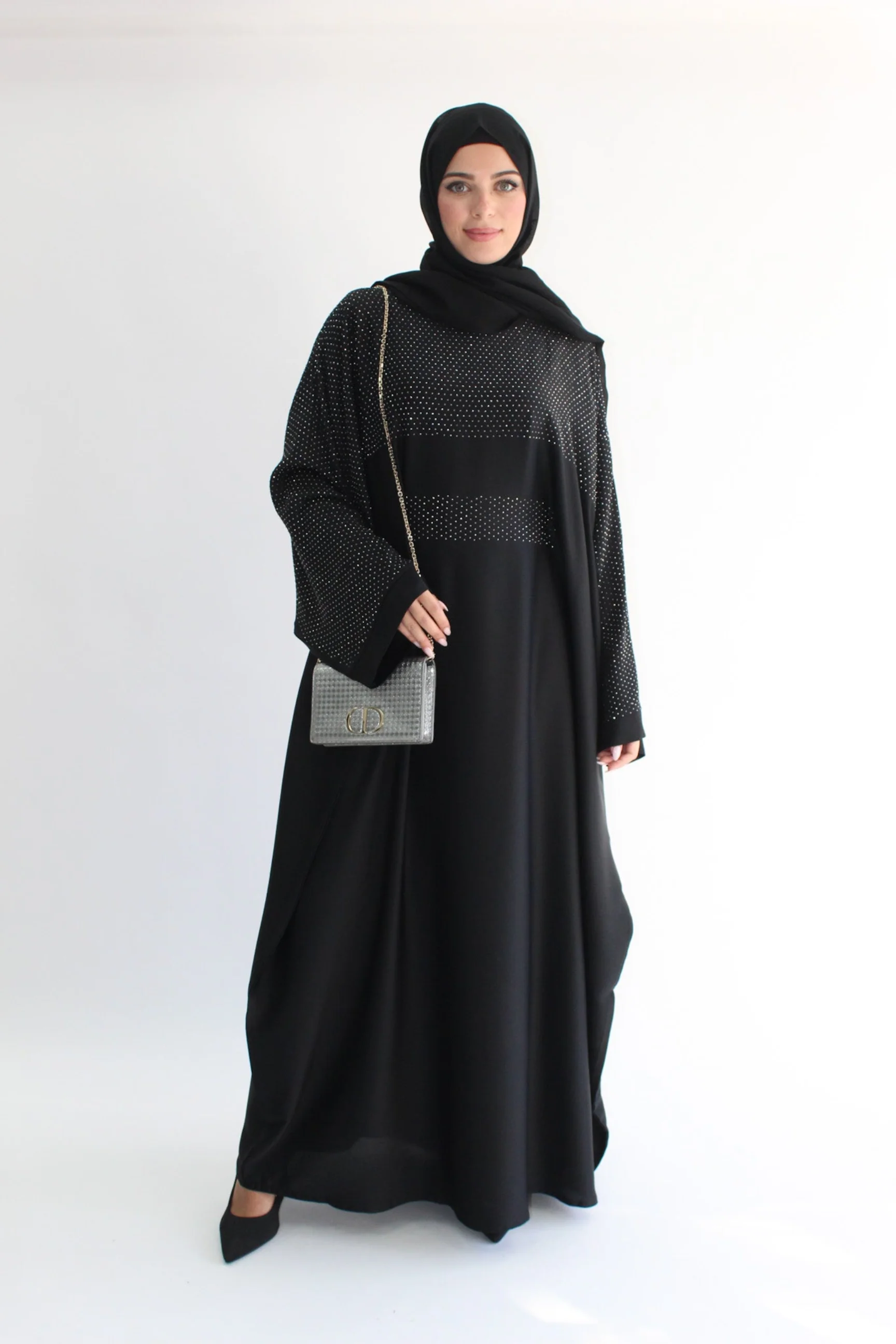 Black Closed Abaya – Ripple Satin Polyester Farasha Design with Embellishment