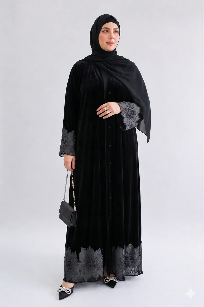 Black Velvet Open Abaya with Floral Embroidered Cuffs