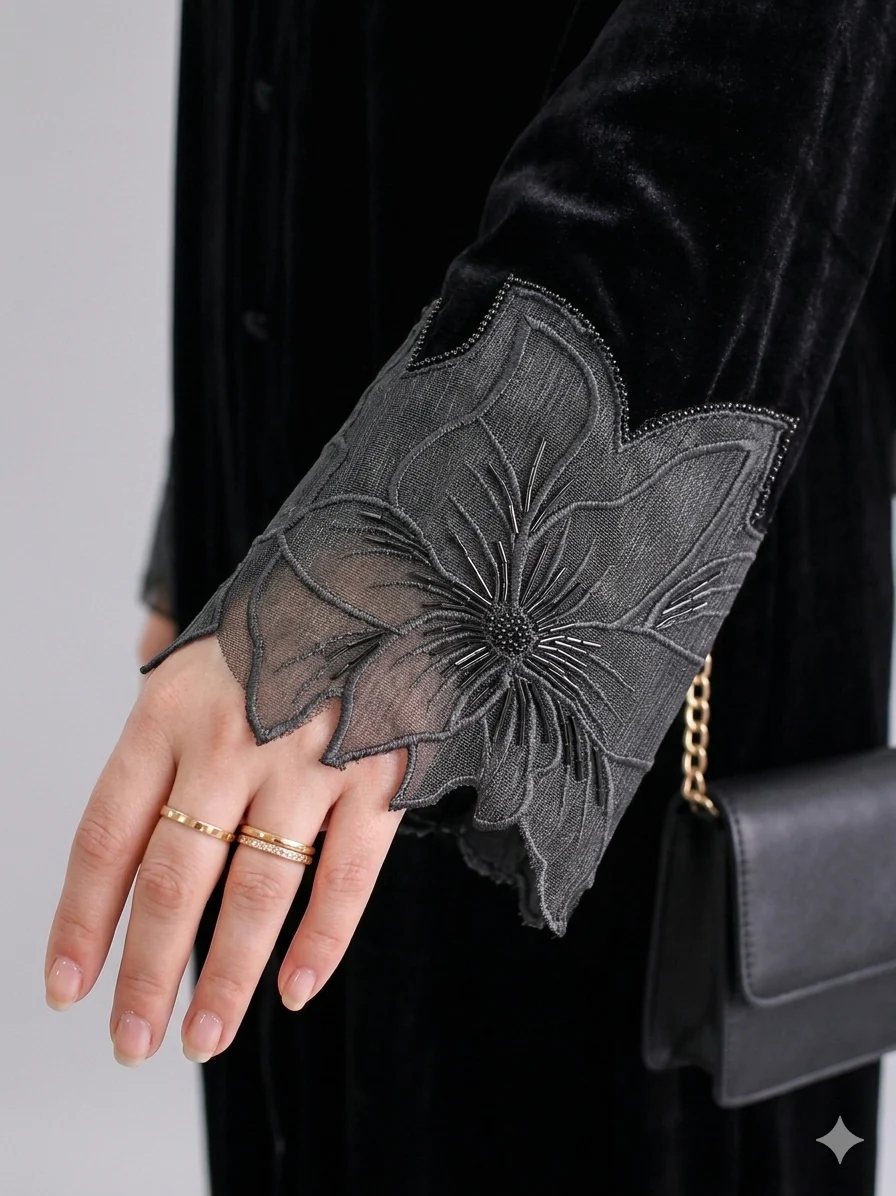 Black Velvet Open Abaya with Floral Embroidered Cuffs - Image 2
