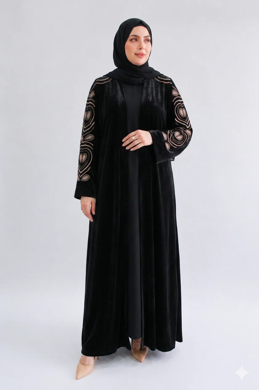 Black Velvet Open Abaya with Gold Embroidered Wide Sleeves