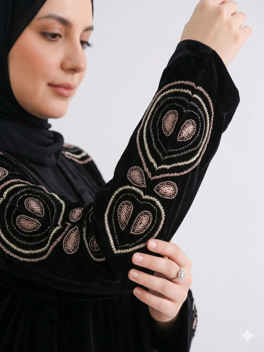 Black Velvet Open Abaya with Gold Embroidered Wide Sleeves - Image 2